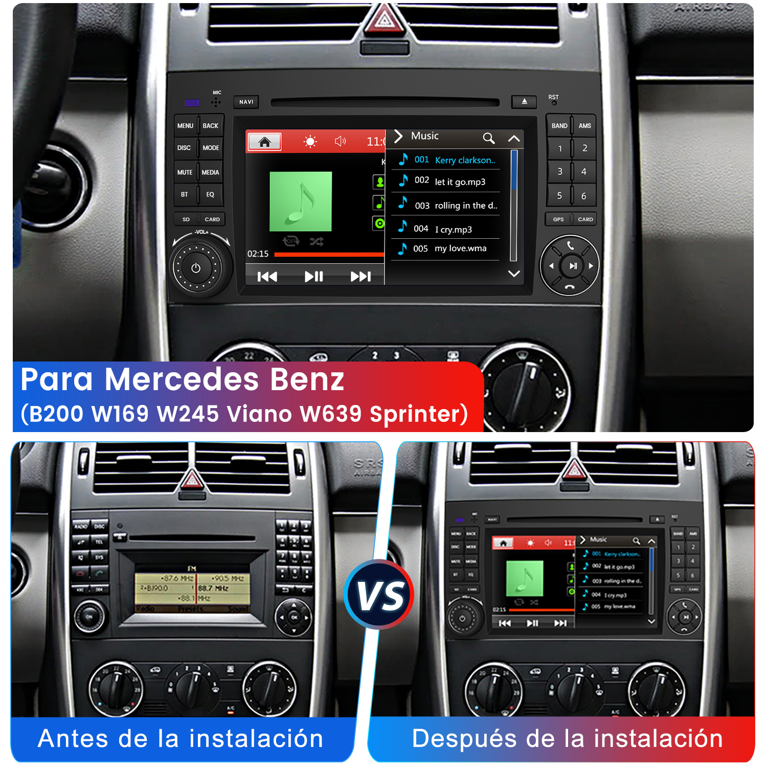 Comparación de una radio de coche antigua con una pantalla táctil nueva en un Mercedes Benz.