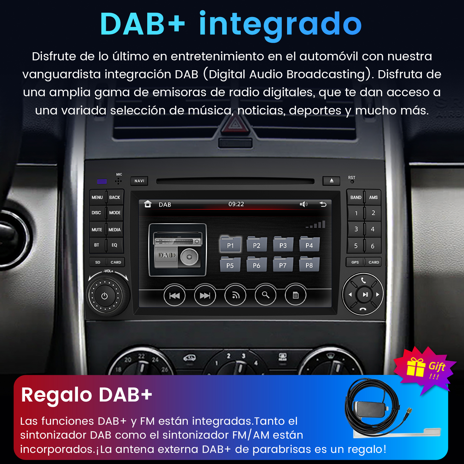 Radio de coche con pantalla táctil, botones y antena DAB+ de regalo.