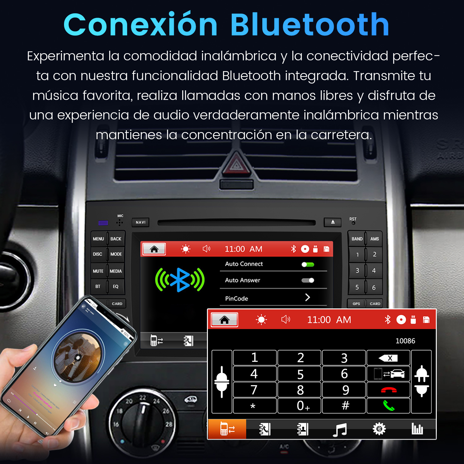 Interior de coche con radio que muestra menú Bluetooth y smartphone con aplicación.