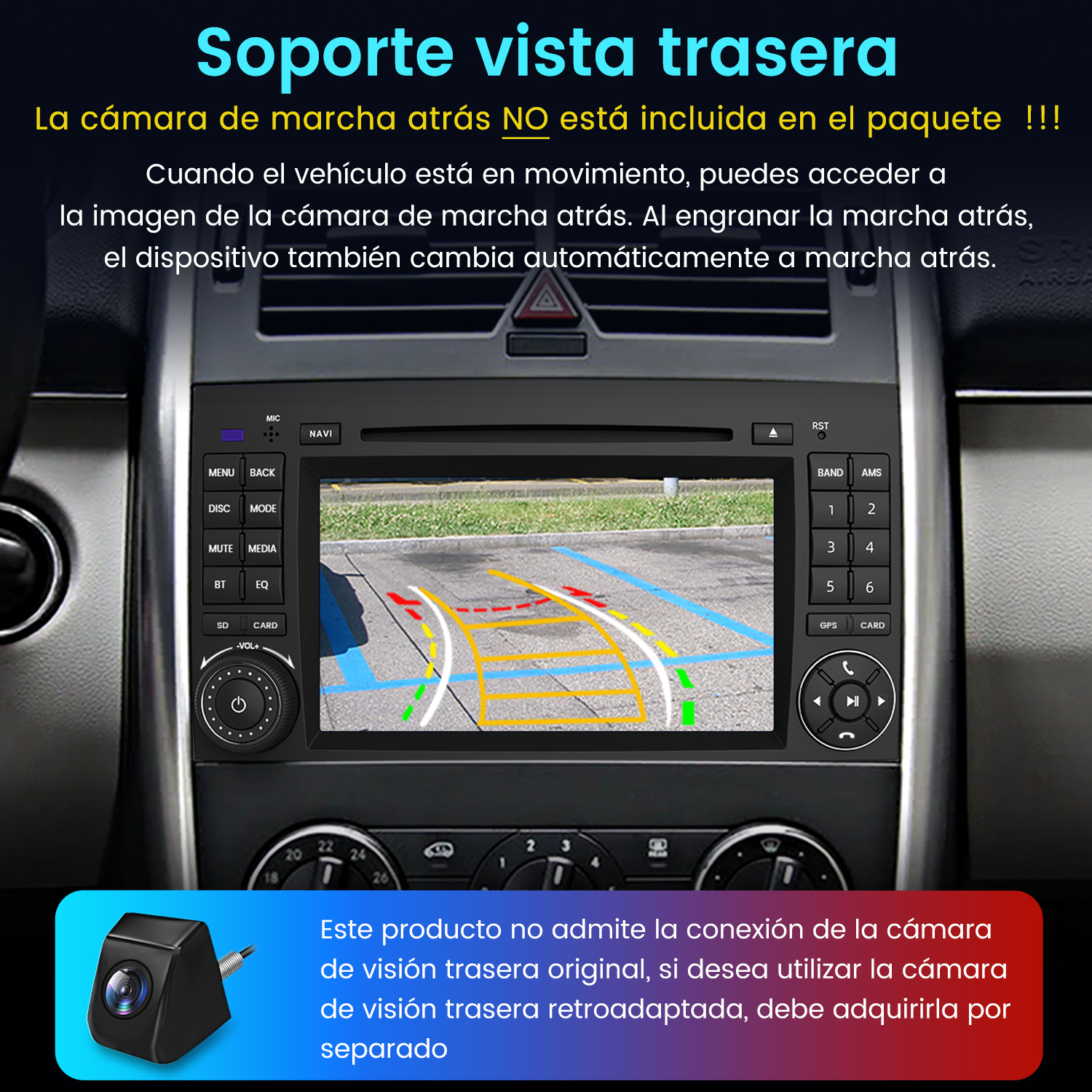 Salpicadero de coche con pantalla multimedia y guía de cámara trasera.