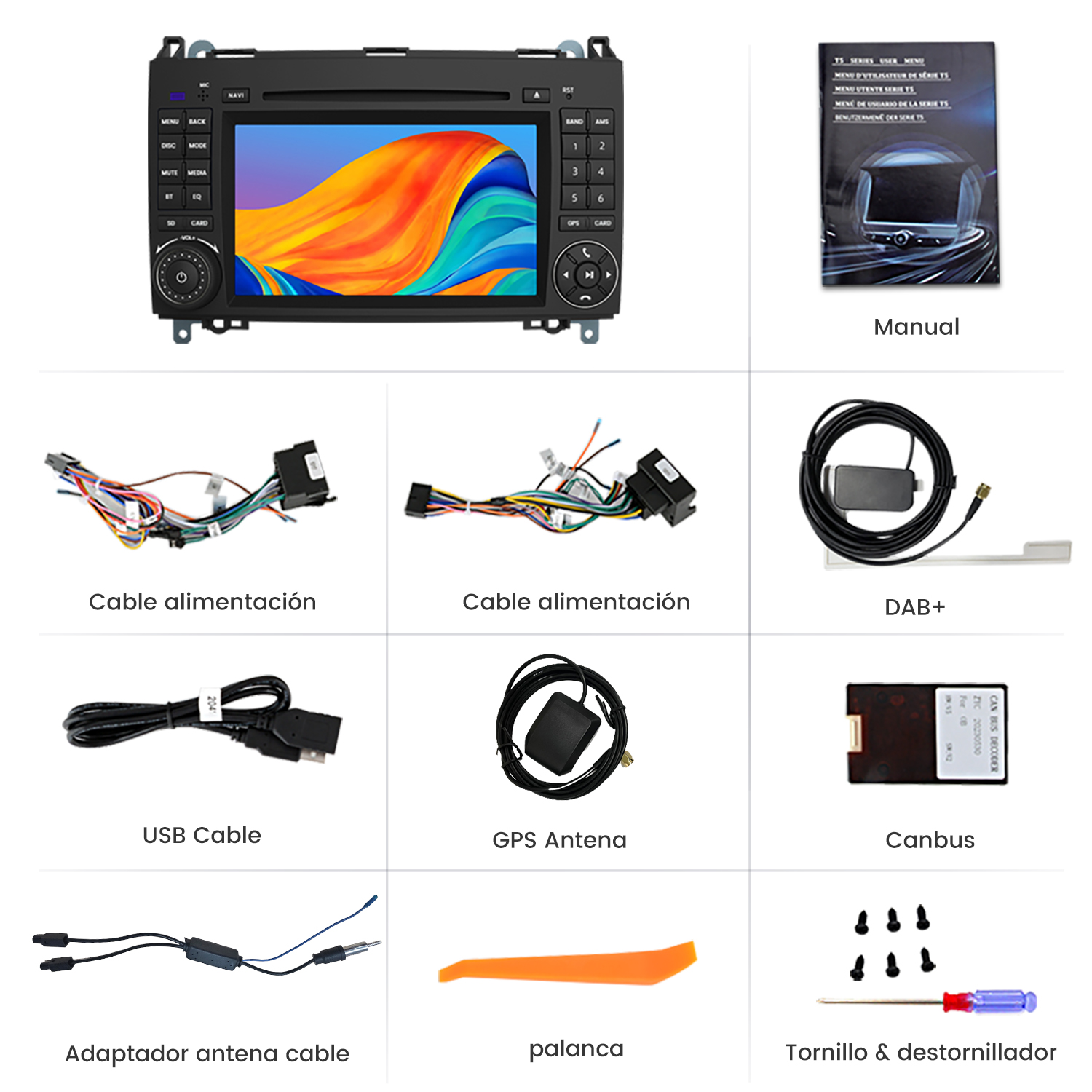 Una unidad de radio para coche y sus componentes, cables, manual, antena y herramientas sobre fondo blanco.