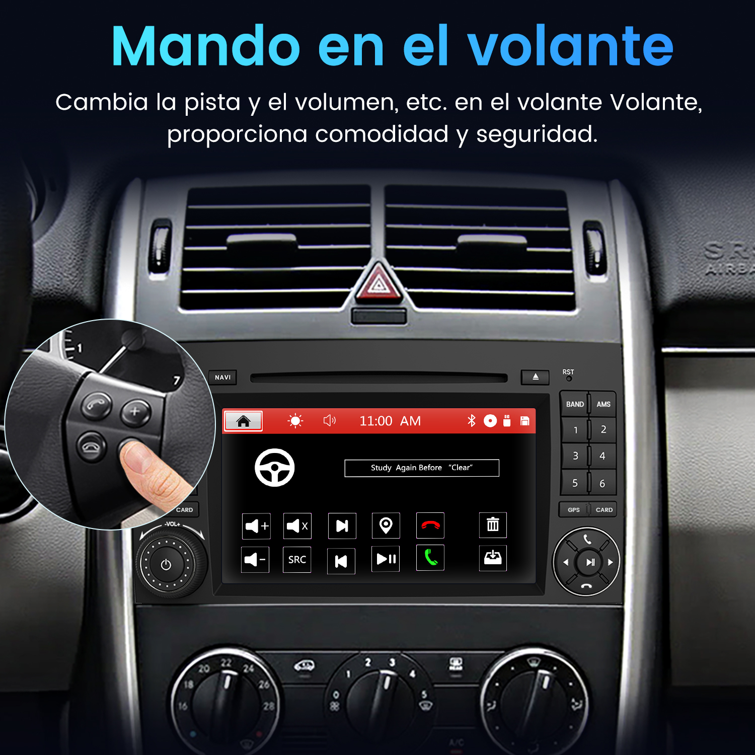 Sistema de infoentretenimiento de coche y controles en el volante.