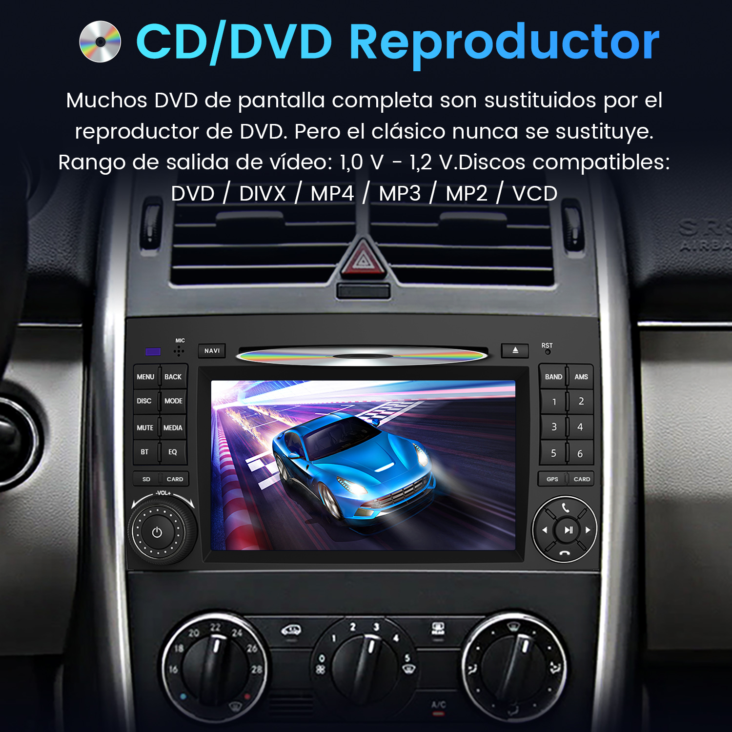 Un salpicadero de coche con reproductor multimedia con pantalla que muestra un coche azul de carreras y texto arriba.