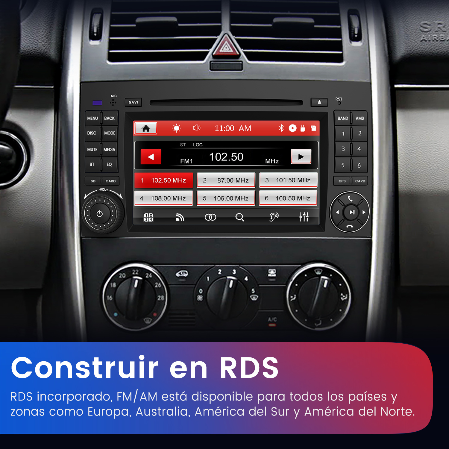 Un tablero de auto con un sistema de infoentretenimiento táctil digital que muestra la radio y controles.