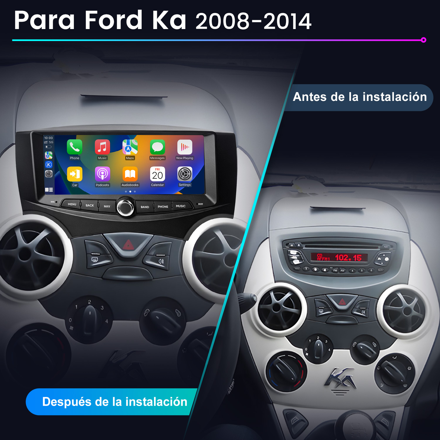 Comparación de la consola central del Ford Ka antes y después de instalar una nueva pantalla.
