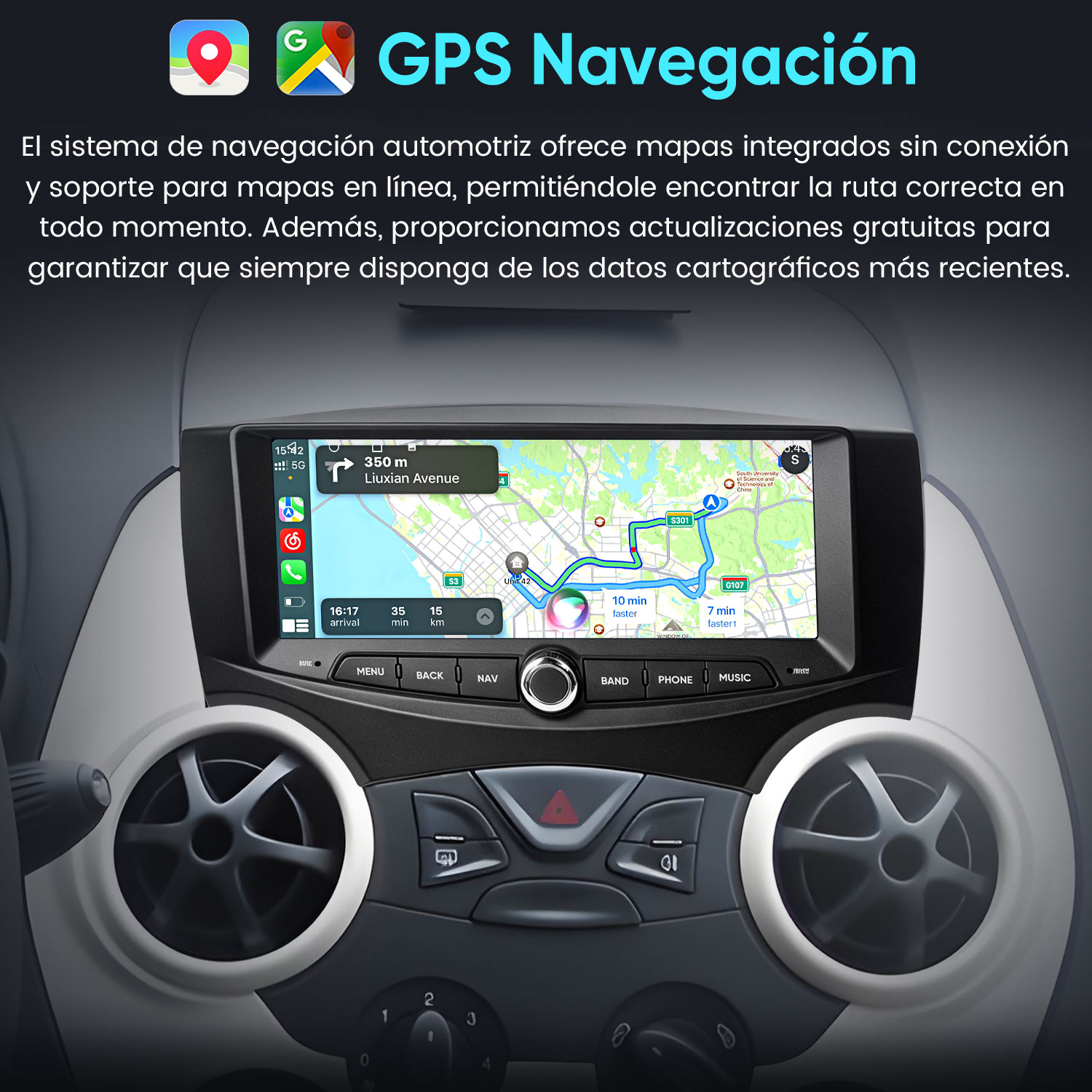 Un sistema de navegación GPS con mapa integrado está instalado en el tablero de un coche moderno.