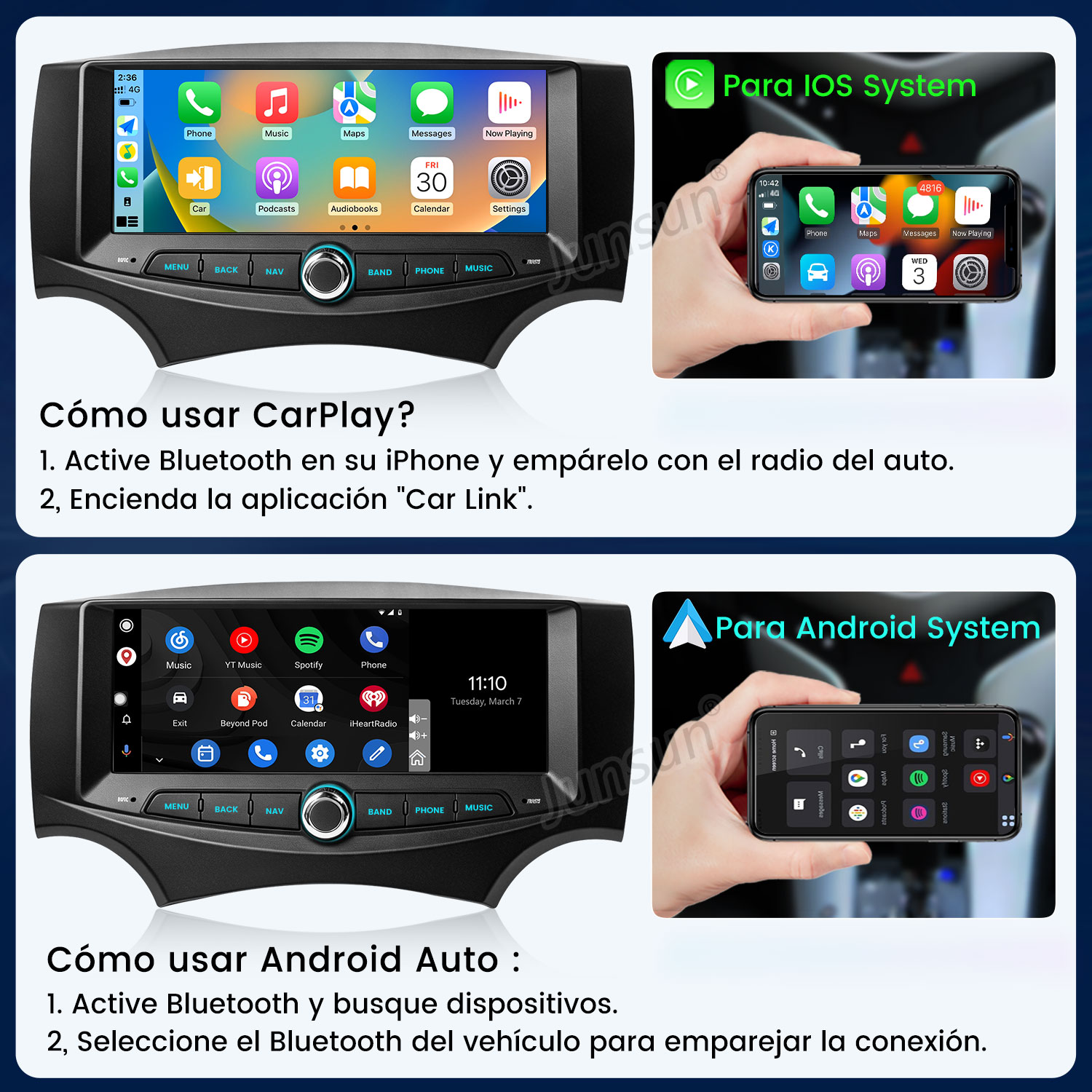 Instrucciones y diagramas para conectar teléfonos iOS y Android a una pantalla de radio de coche.