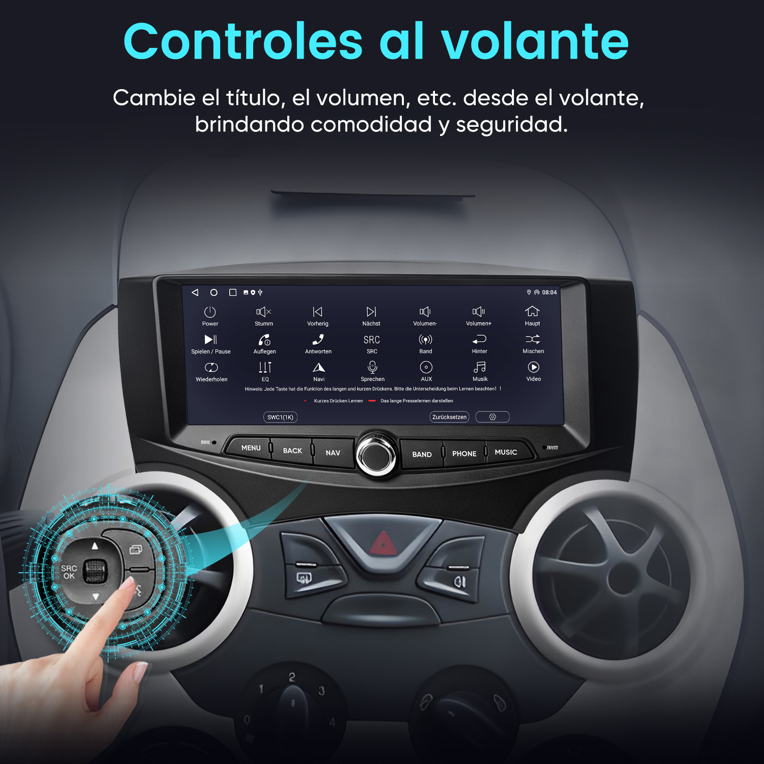 Mano tocando controles del volante frente a una pantalla de coche con opciones.