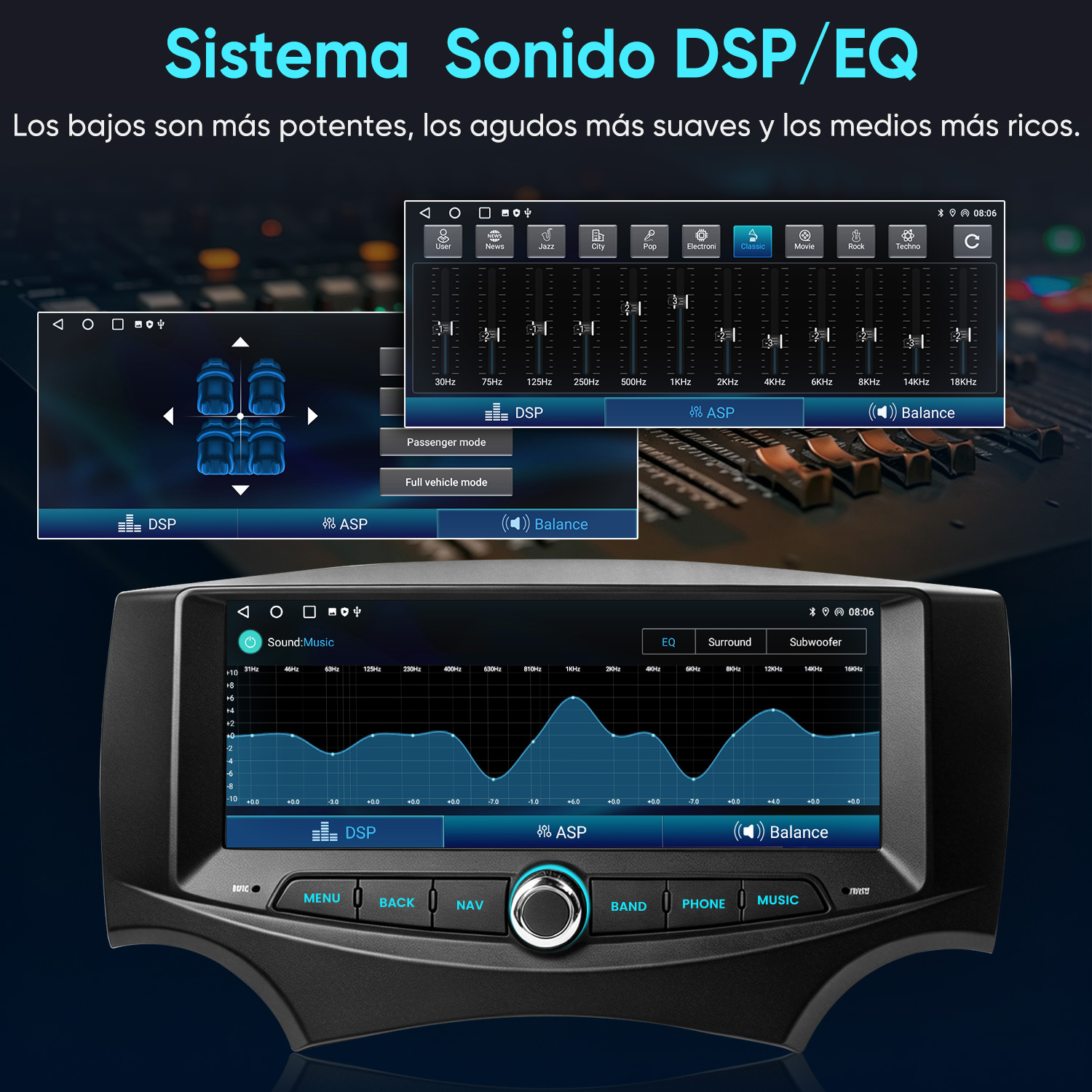 Pantalla de estéreo de coche que muestra ecualizador de audio y ajustes de sonido en un fondo oscuro.