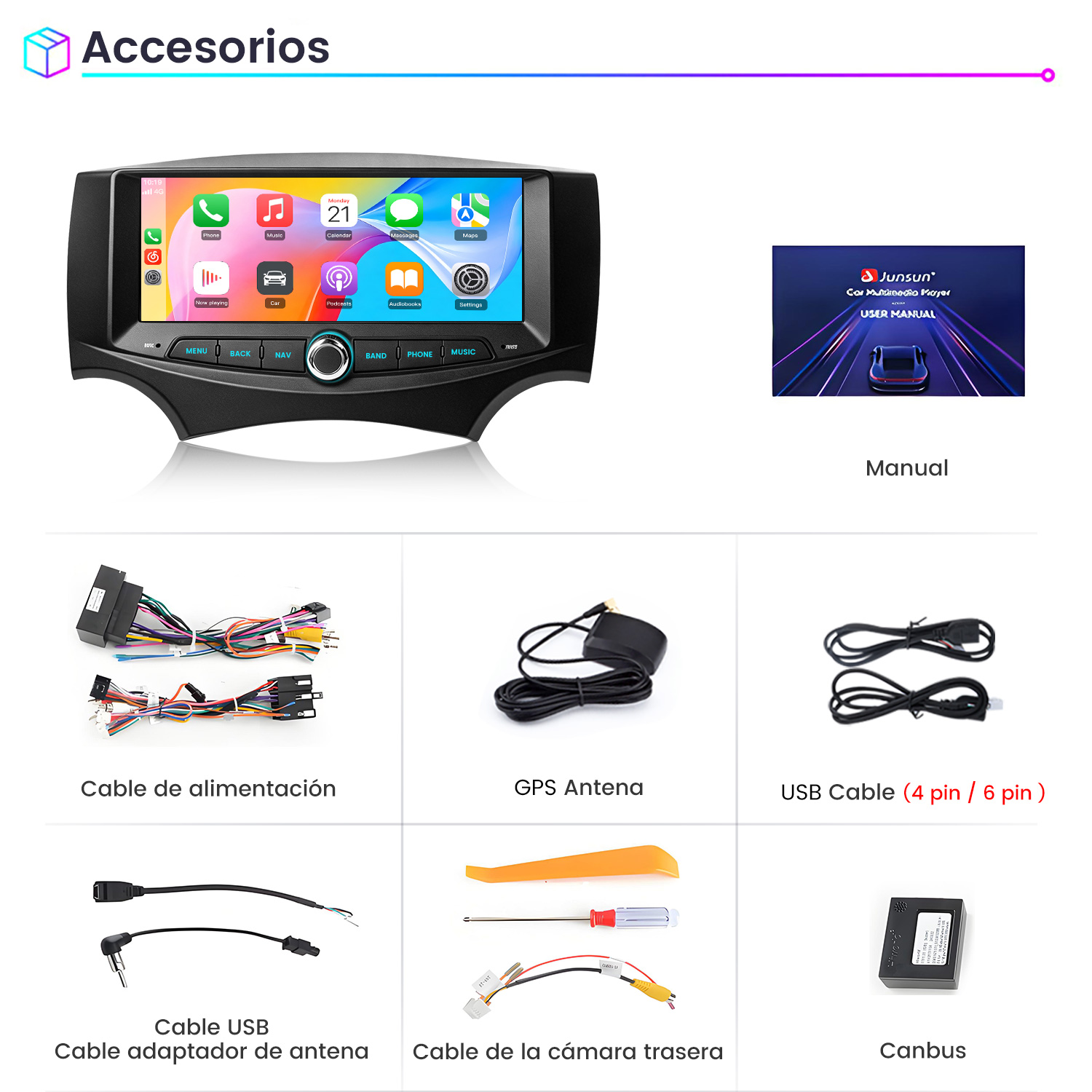 Sistema de autorradio con accesorios como cables, antena GPS, USB, manual y canbus.