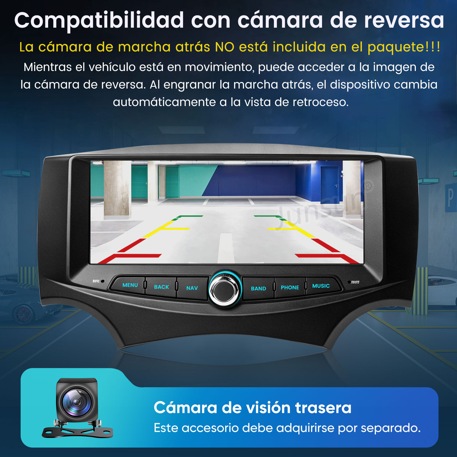 Estéreo de auto con vista de cámara de reversa y guías de estacionamiento.