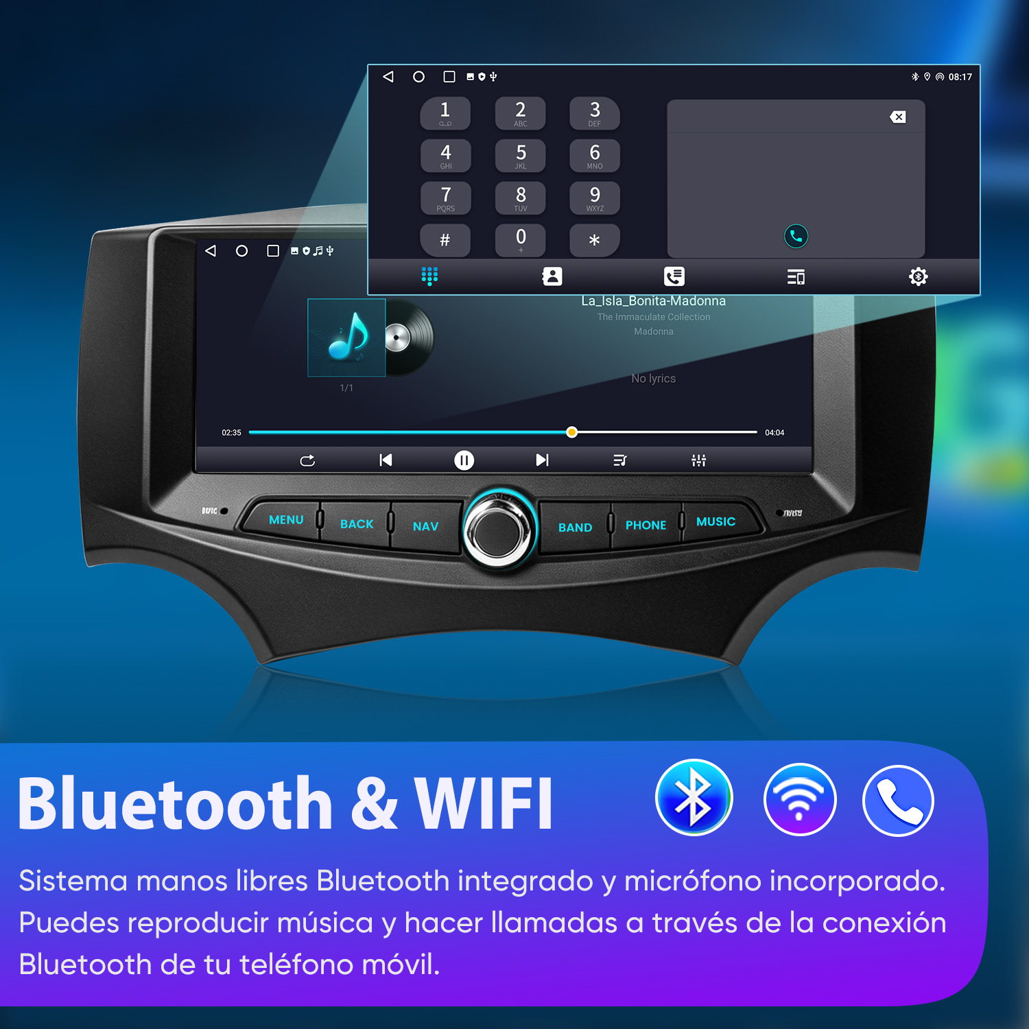Estéreo de coche con pantalla táctil y botones que muestra música y teclado.