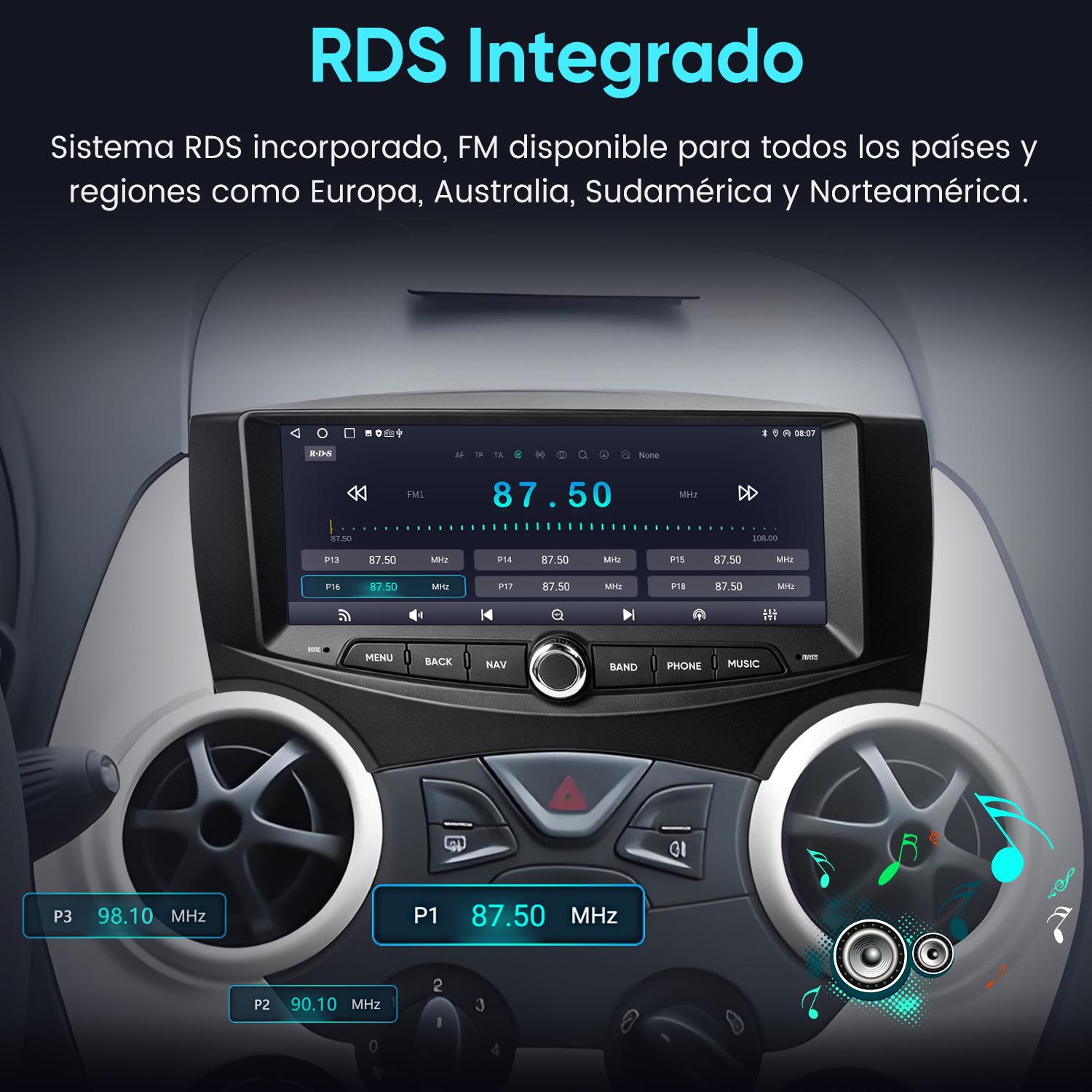 Radio de coche con pantalla táctil y función FM RDS en el salpicadero.