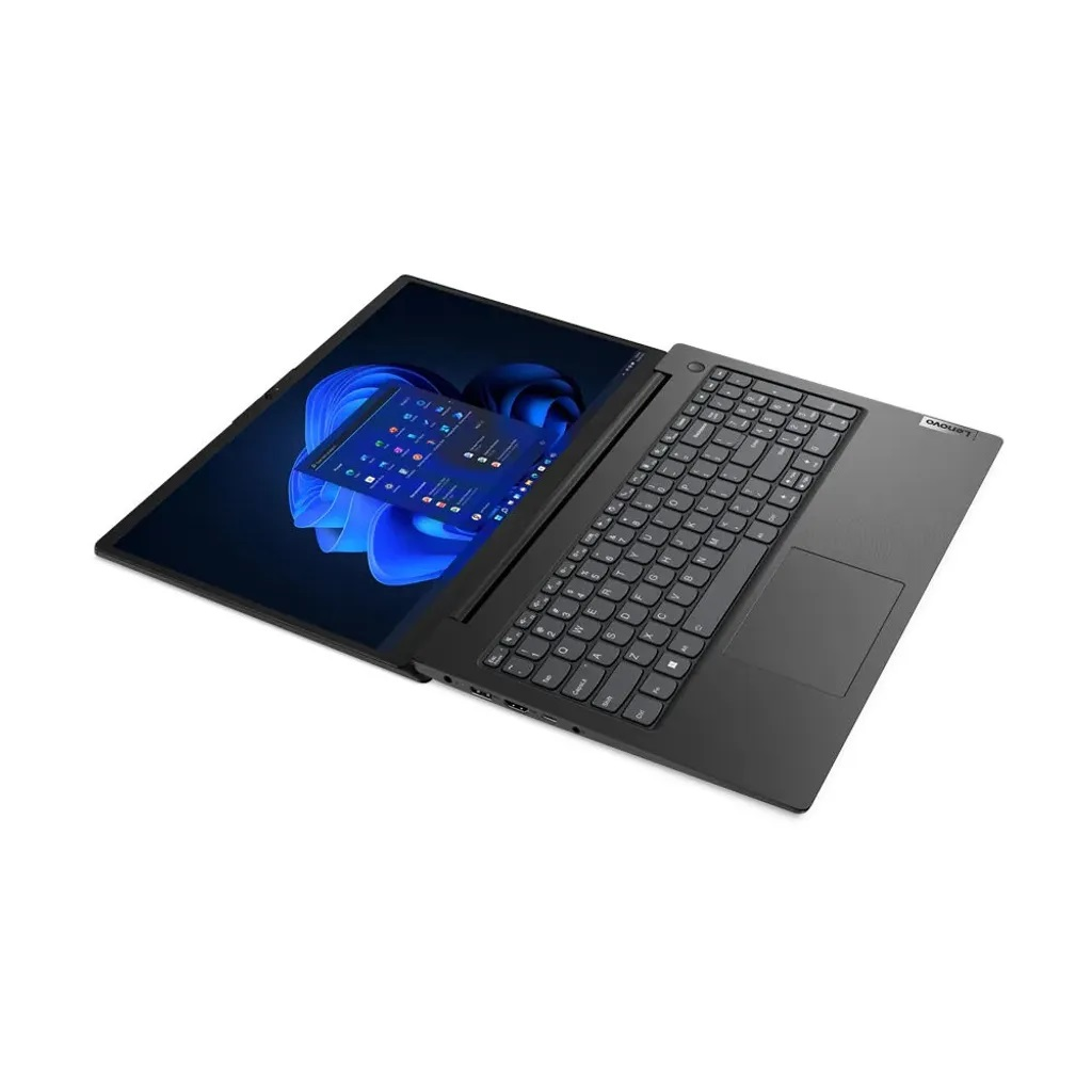 Ein offener schwarzer Lenovo-Laptop zeigt einen blauen Hintergrund und eine geöffnete Startmenüansicht auf dem Bildschirm.