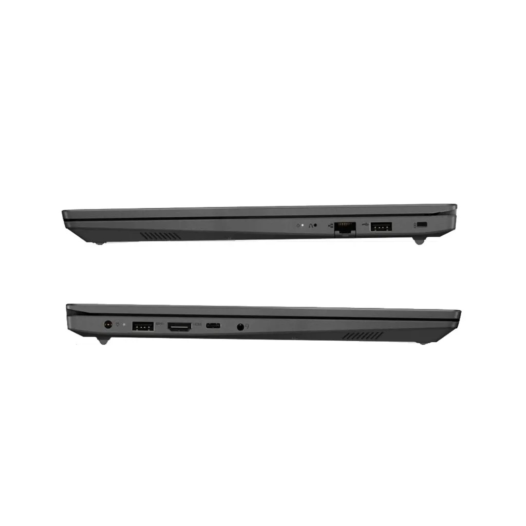Seitenansichten eines geschlossenen grauen Laptops mit verschiedenen Anschlüssen.