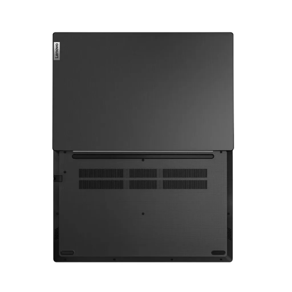 Die Unterseite eines geschlossenen schwarzen Lenovo-Laptops mit Lüftungsschlitzen und Gummifüßen auf weißem Hintergrund.