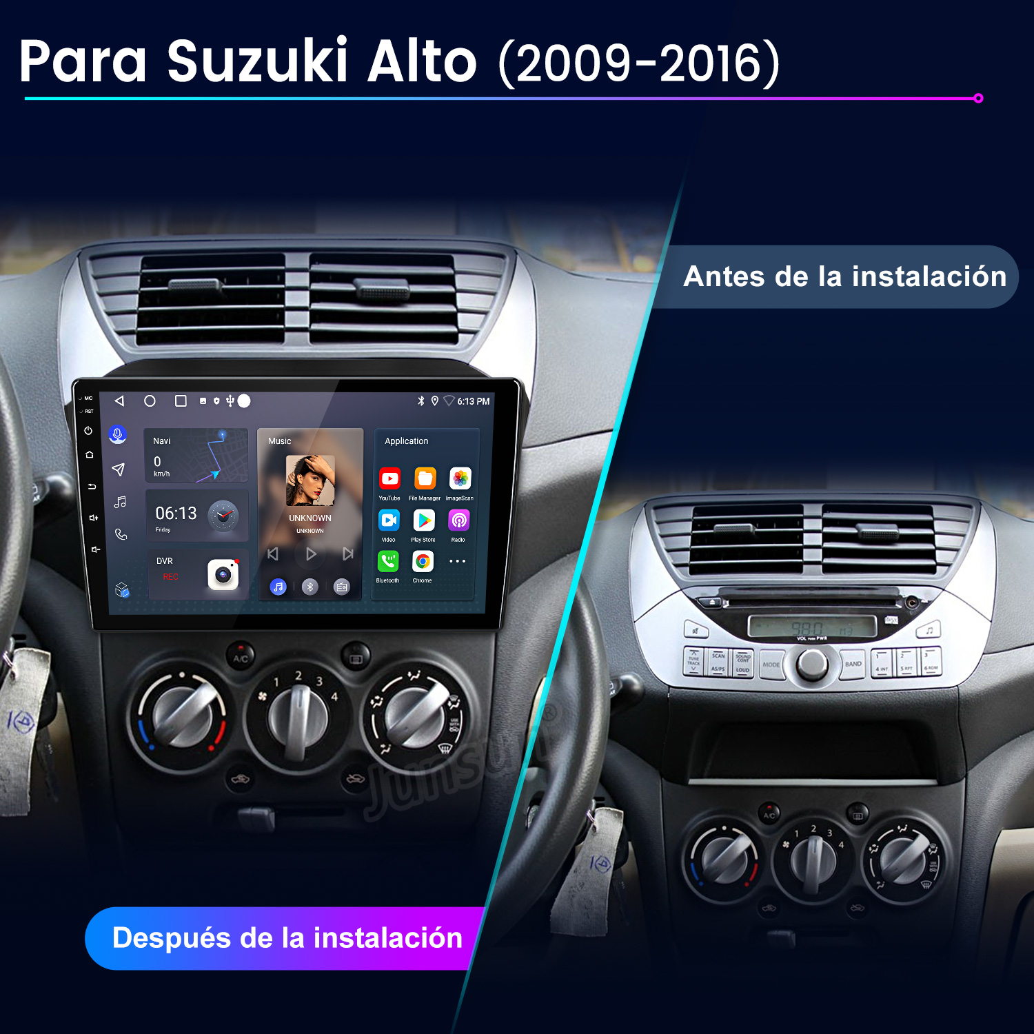 Comparación del tablero del Suzuki Alto antes y después de instalar una pantalla táctil.
