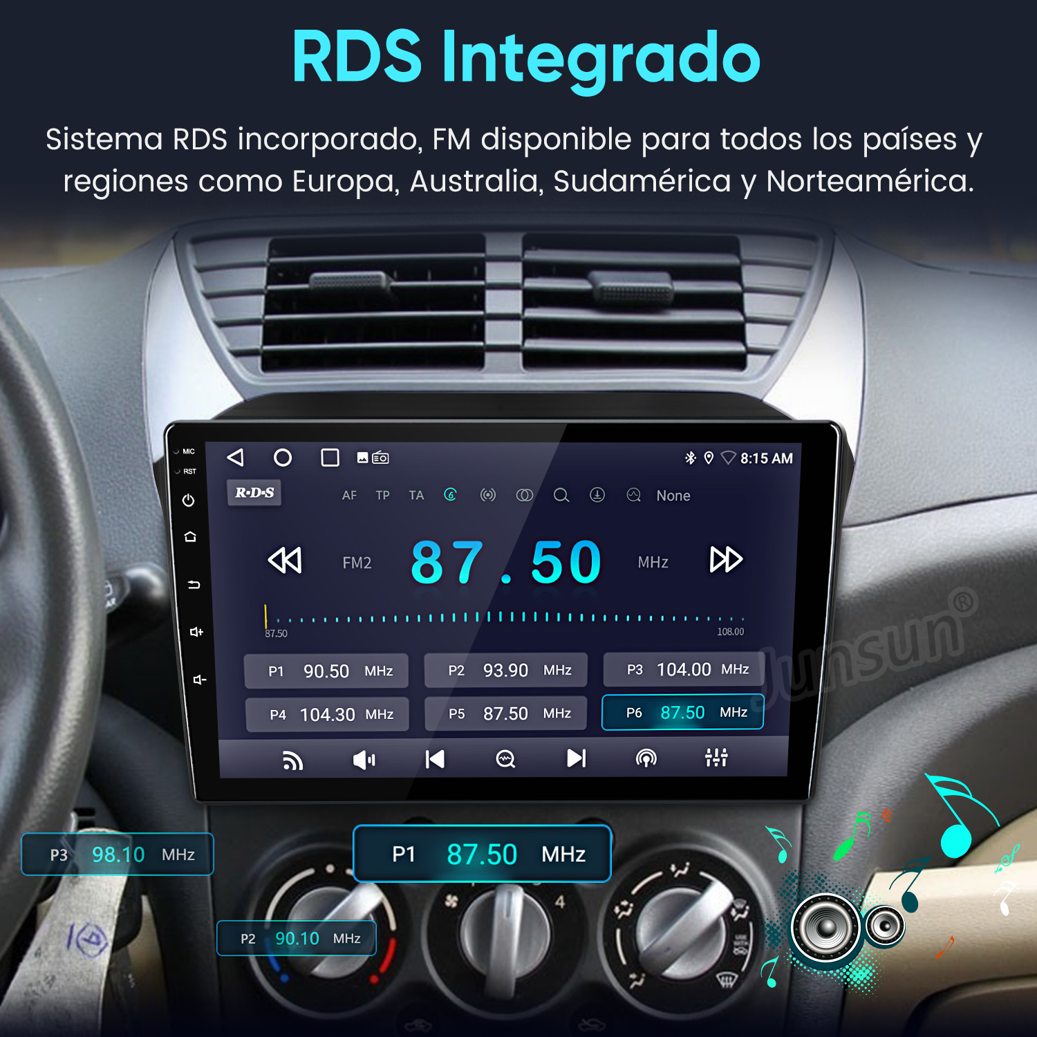 Radio de coche con pantalla táctil en una consola, mostrando la frecuencia FM 87.50 MHz y RDS integrado.