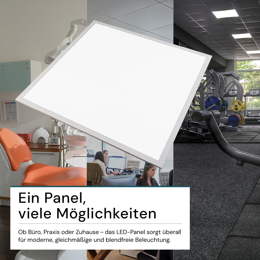 Un grande pannello LED bianco in primo piano, con vari ambienti come ufficio, studio medico e palestra sullo sfondo.