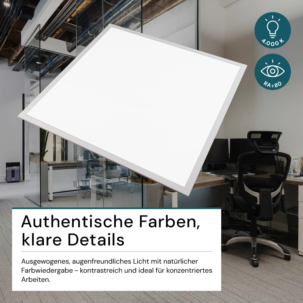 Pannello LED in ufficio moderno con testo su colori autentici e dettagli chiari.