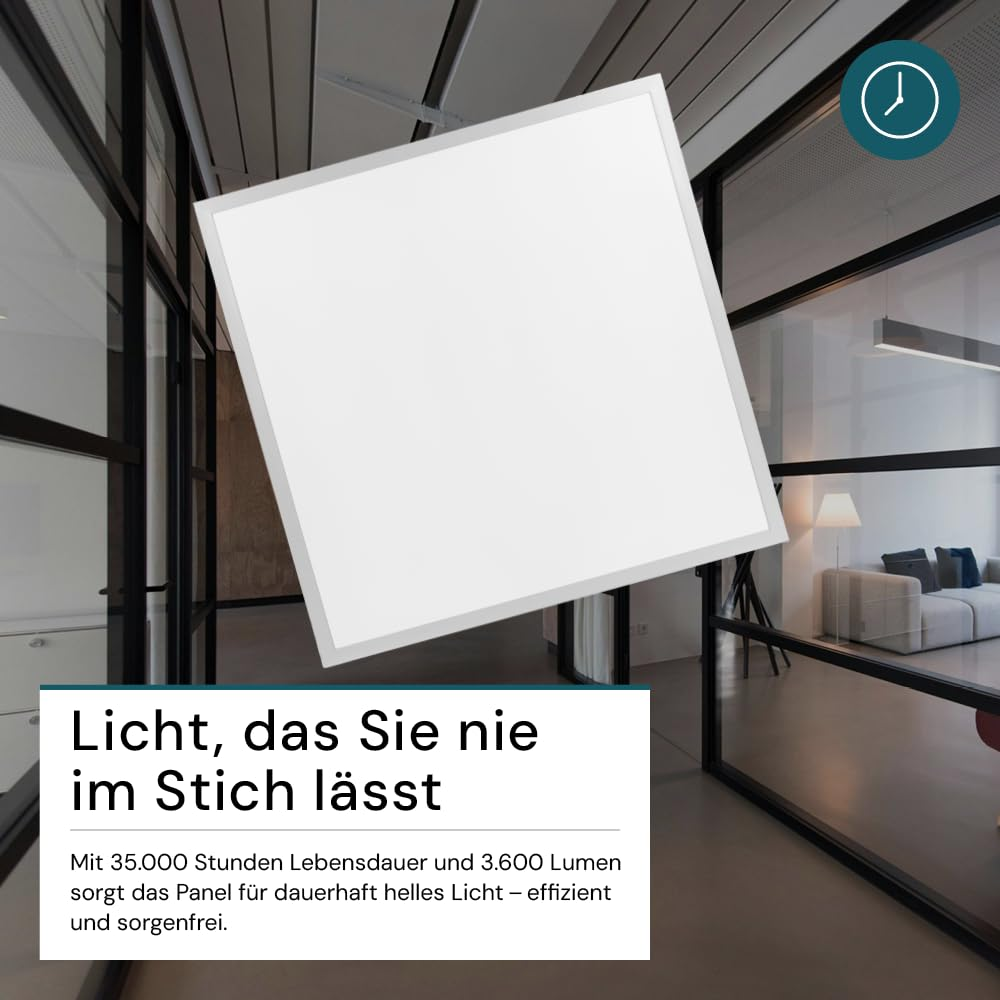 Un pannello LED bianco in primo piano e un ufficio moderno con pareti in vetro sullo sfondo.