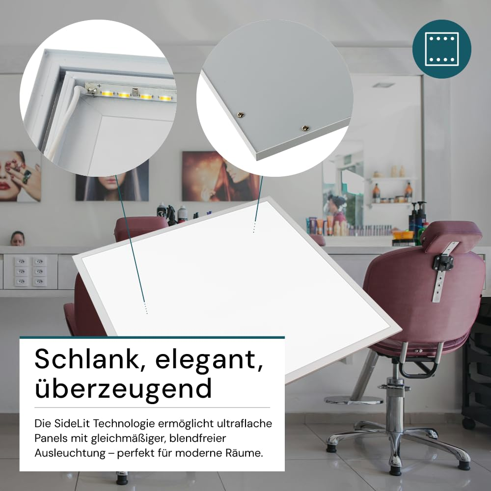 Pannello LED in parrucchiedo con due primi piani e testo promozionale in tedesco.