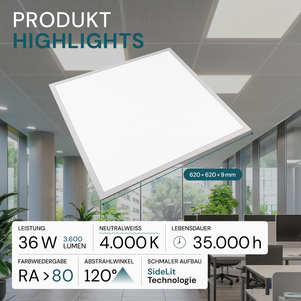 Grafica dei punti salienti del prodotto con pannello LED, specifiche e sfondo ufficio.