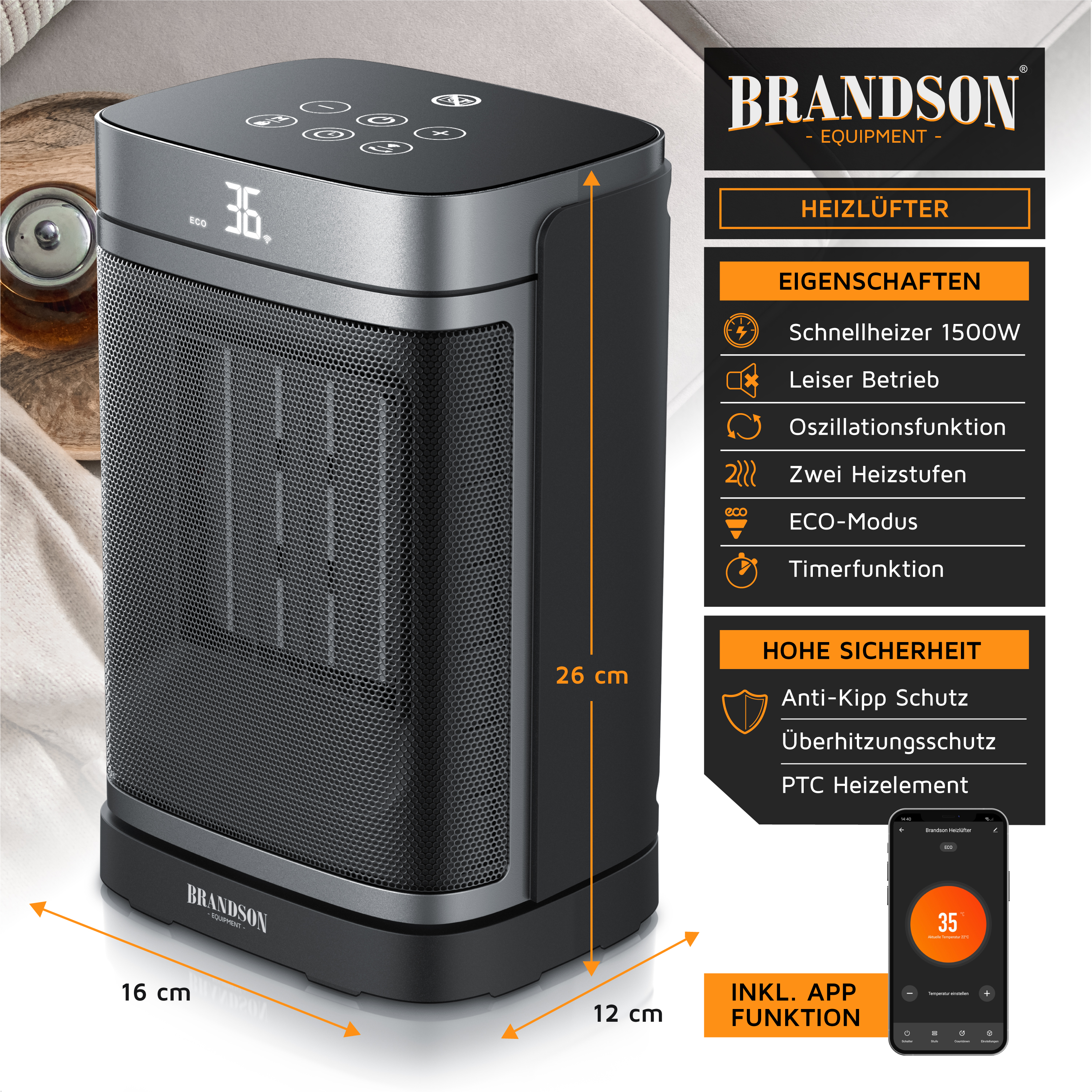 Brandson Heizlüfter, 1500W, mit App-Steuerung, Maße 26x16x12 cm, Oszillation und Sicherheitsfunktionen.