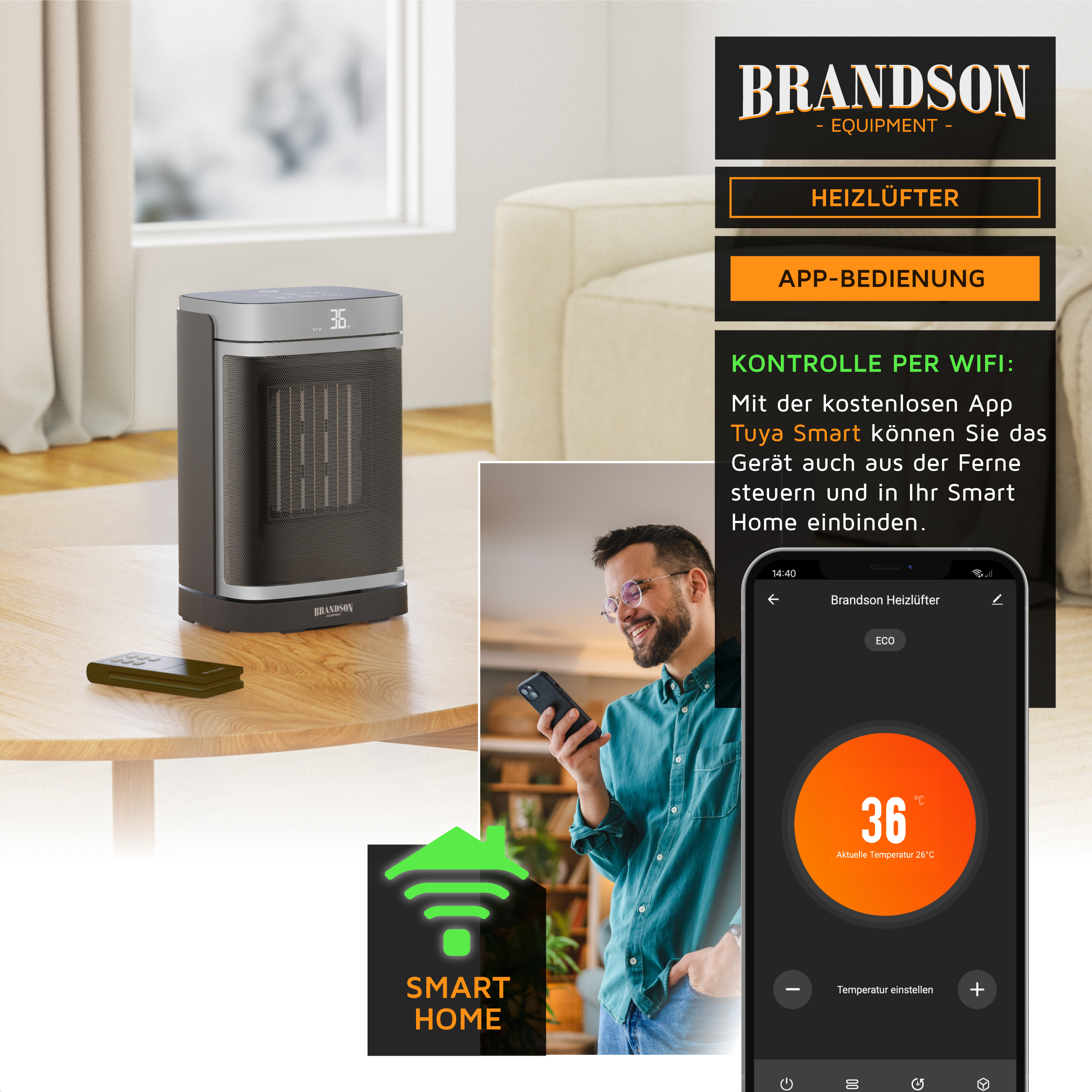 Brandson Smart Keramiklüfter auf Holztisch, steuerbar über Smartphone-App per WLAN.