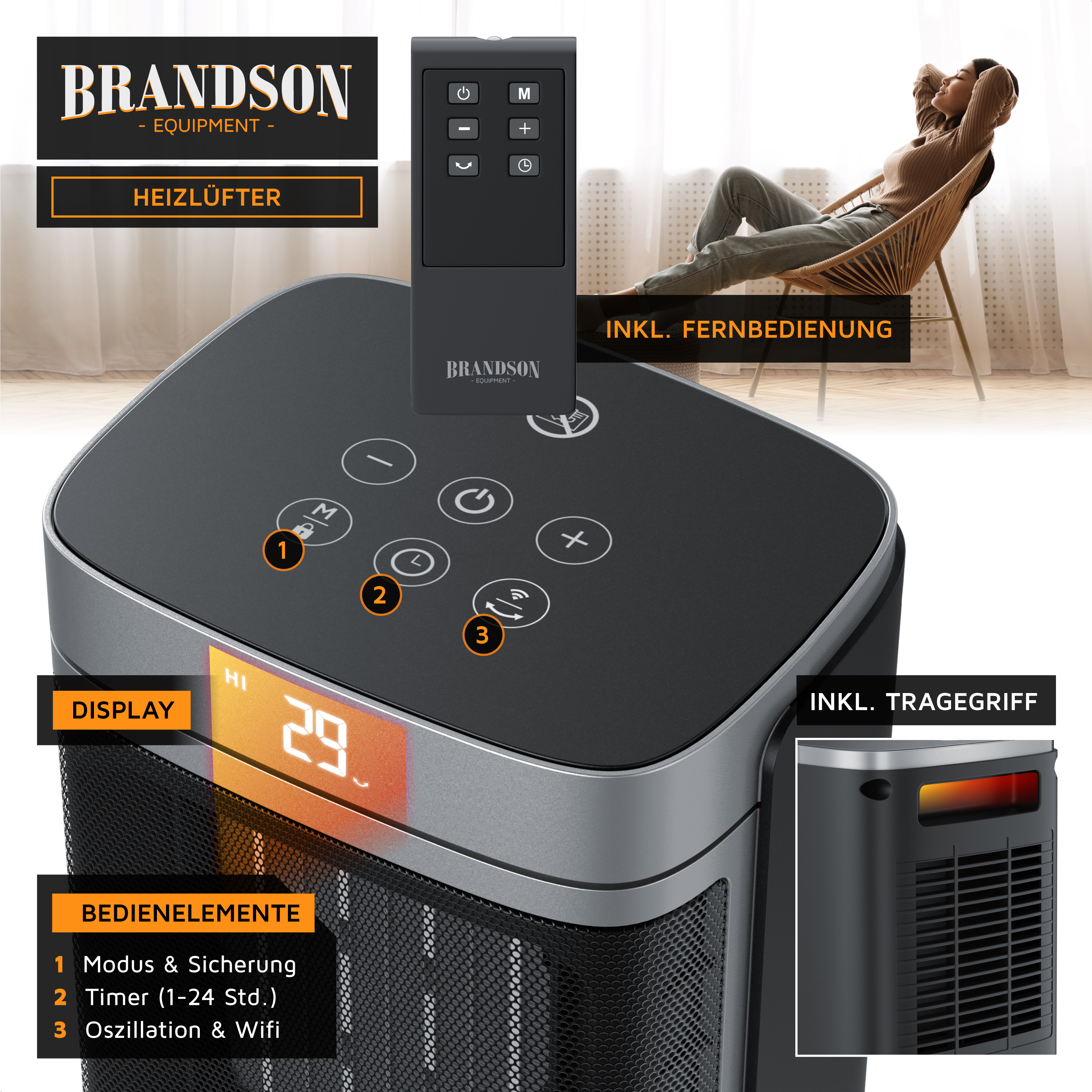 Brandson Heizlüfter mit Touch-Display, Fernbedienung, Timer und Oszillation.