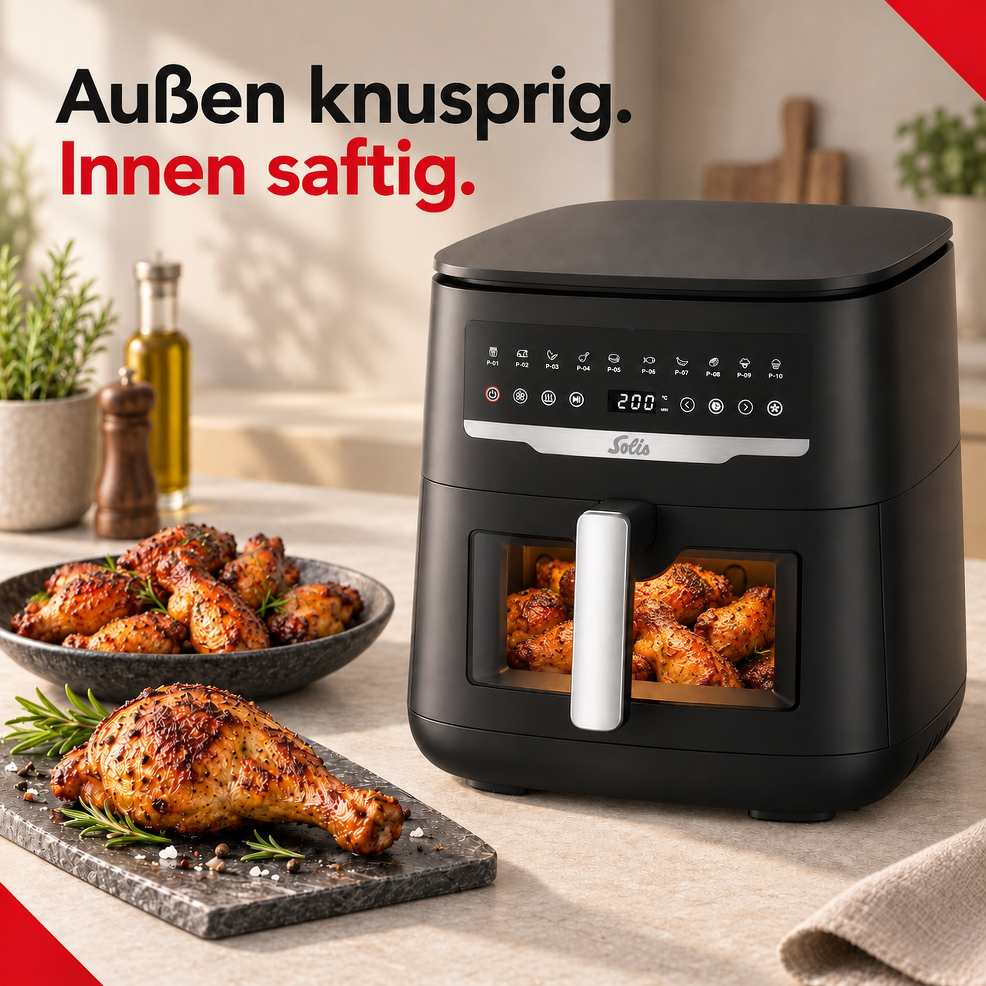 Schwarze Heißluftfritteuse auf der Arbeitsplatte mit gebratenem Hähnchen im Sichtfenster und daneben auf Tellern.