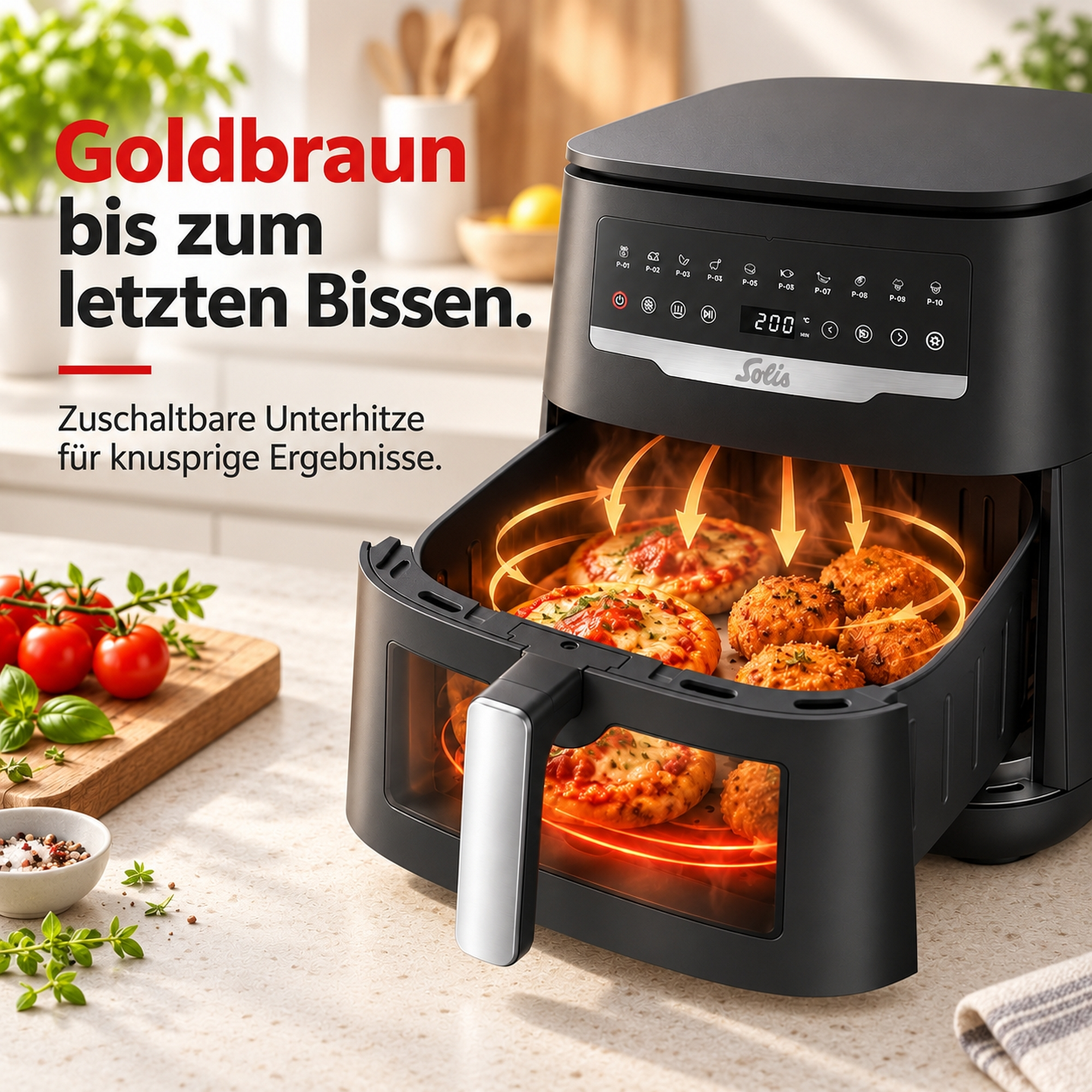 Schwarze Heißluftfritteuse mit offenem Korb zeigt gebackene Mini-Pizzen und Snacks.