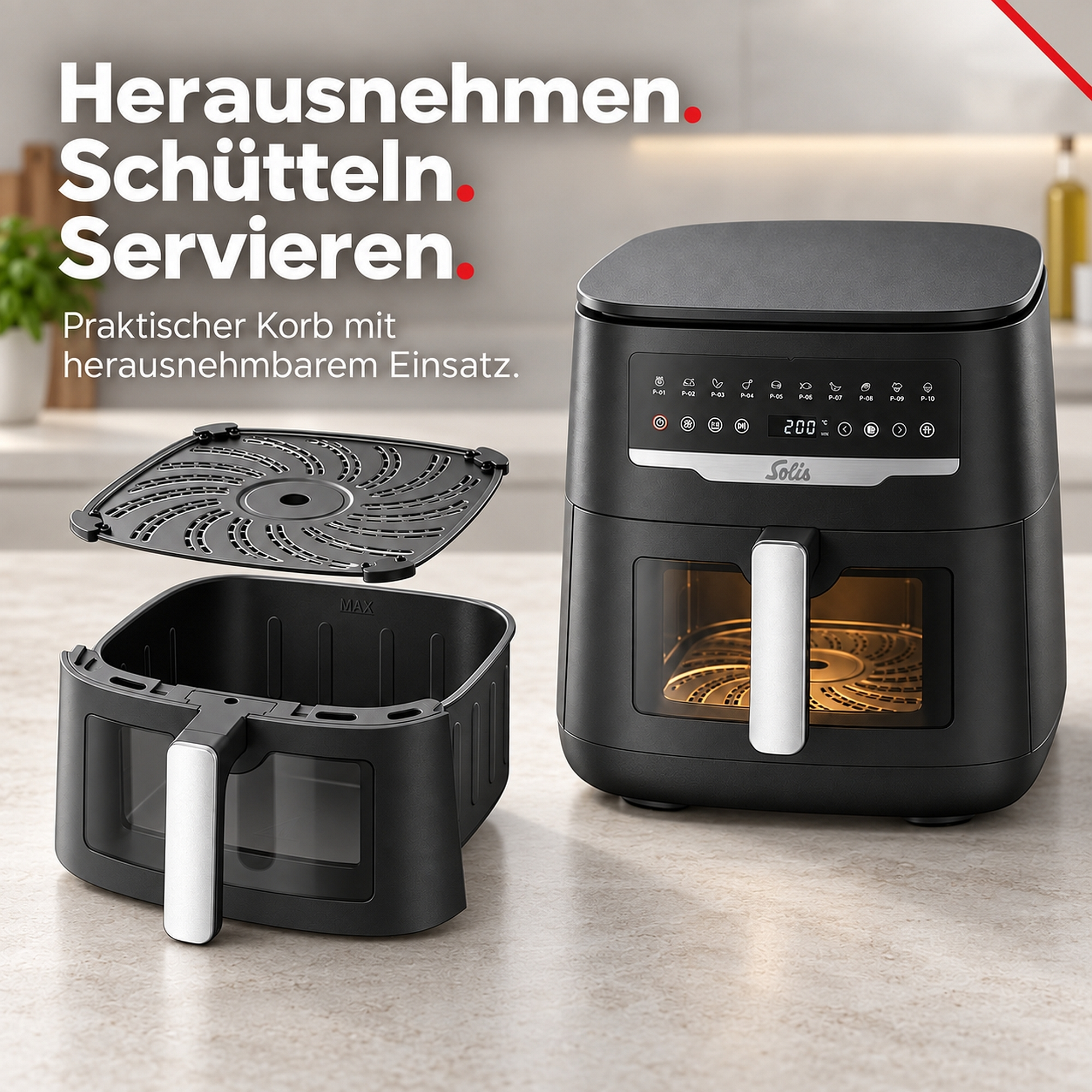 Schwarze Solis Heißluftfritteuse mit herausnehmbarem Korb und Einlegegitter auf einer Küchentheke.