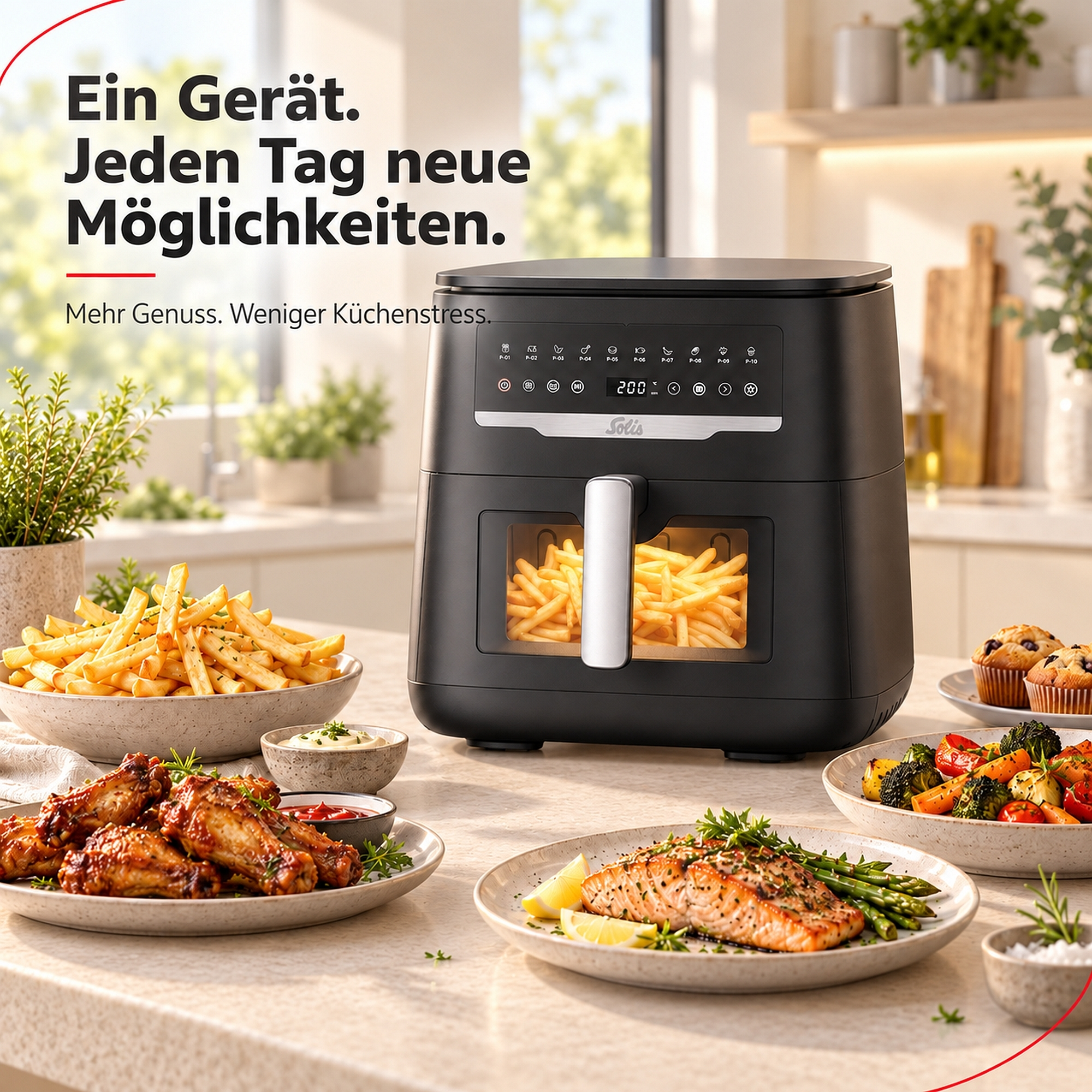 Ein Solis Heißluftfritteuse auf einer Küchentheke mit Pommes, Hähnchenflügeln, Lachs und Gemüse.
