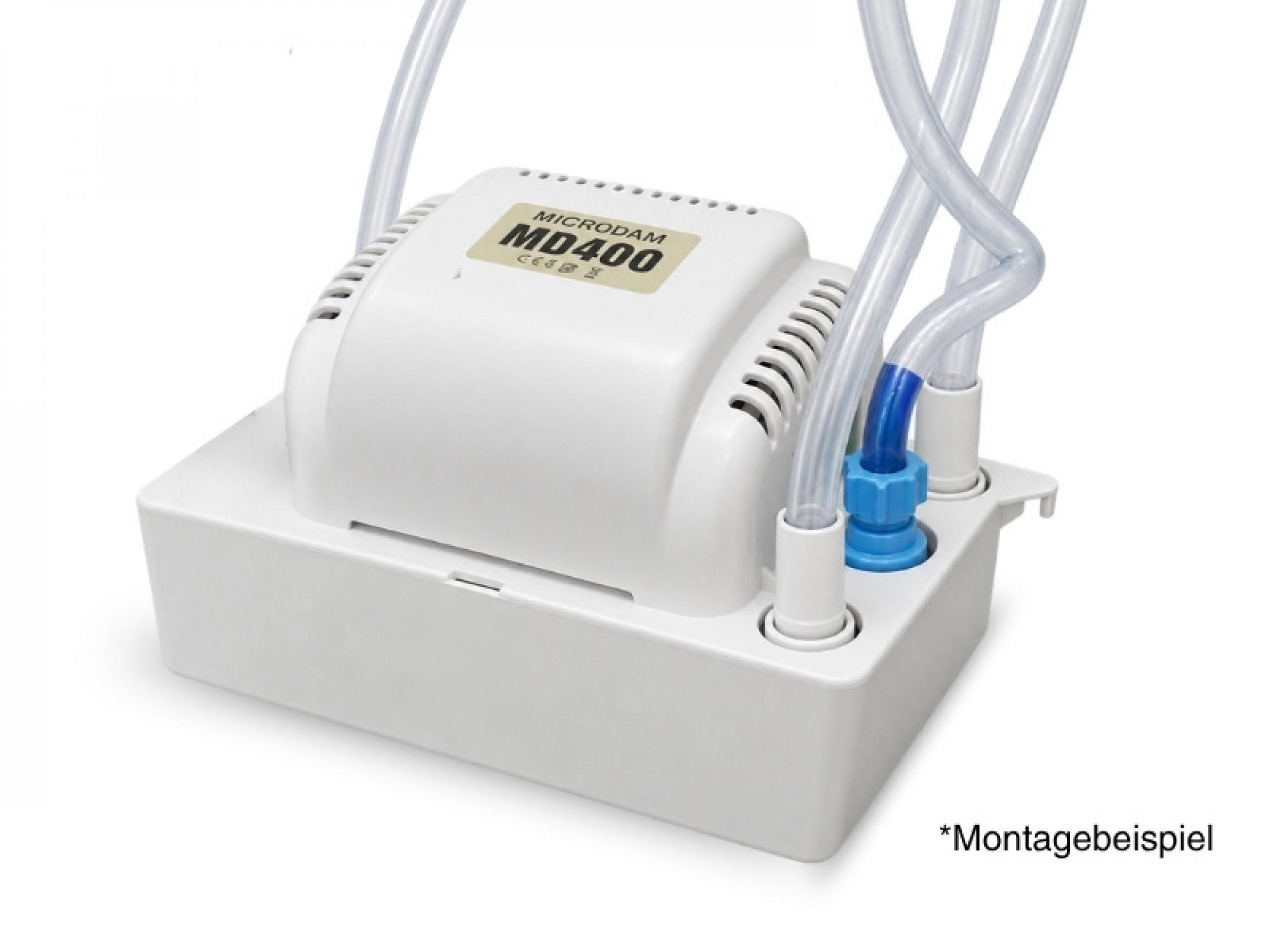 Pompa bianca Microdam MD400 con tubi trasparenti collegati su sfondo bianco.