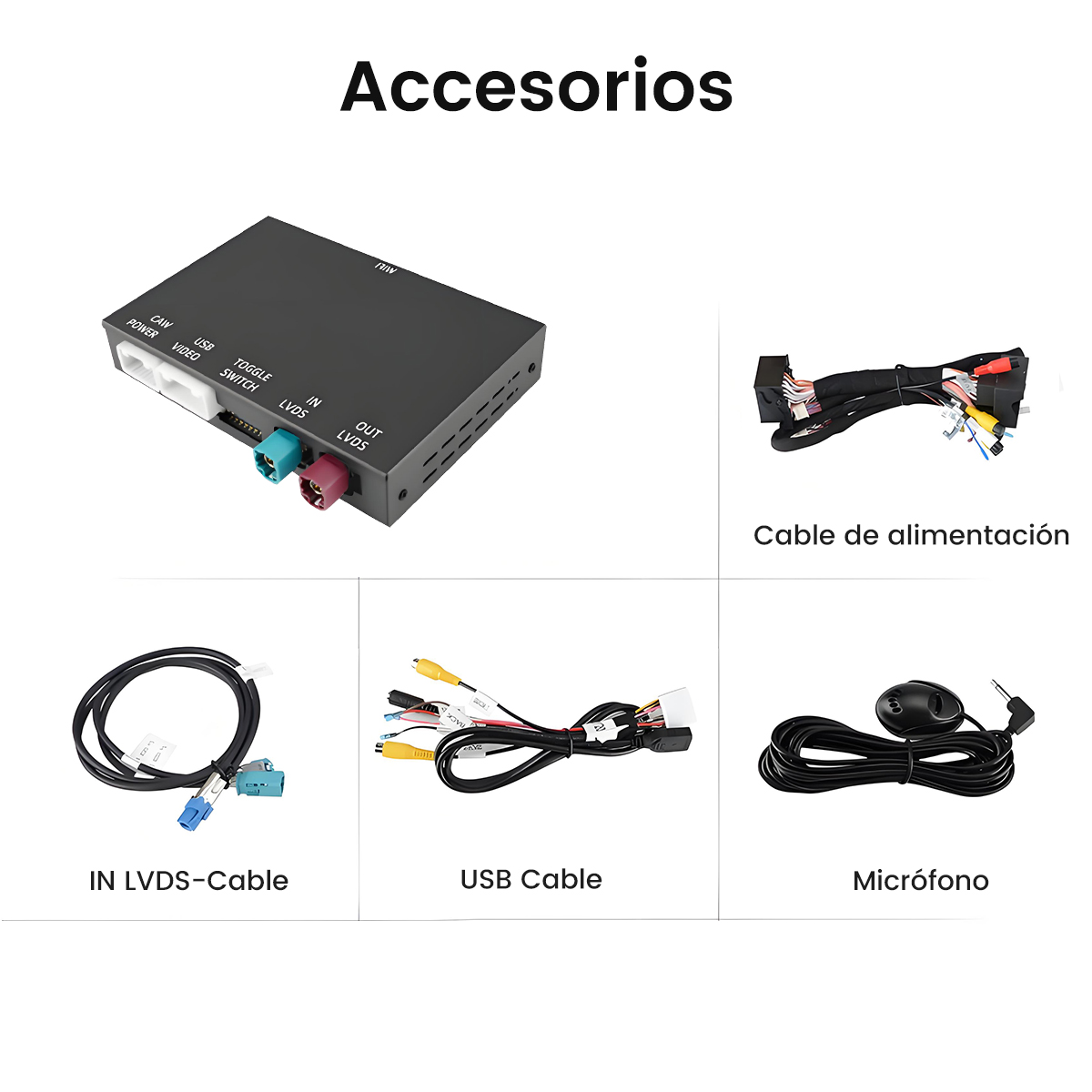 Accesorios que muestran una caja de interfaz negra, cable de alimentación, LVDS, USB y micrófono.