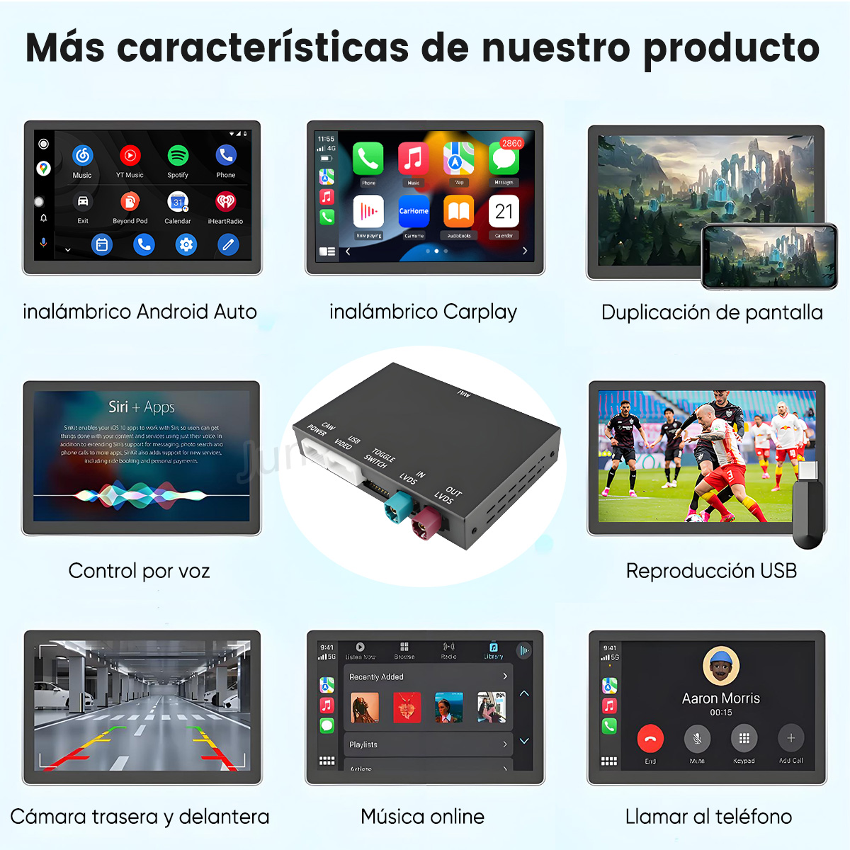 Características del producto como Android Auto, CarPlay, control por voz y reproducción USB en pantallas.