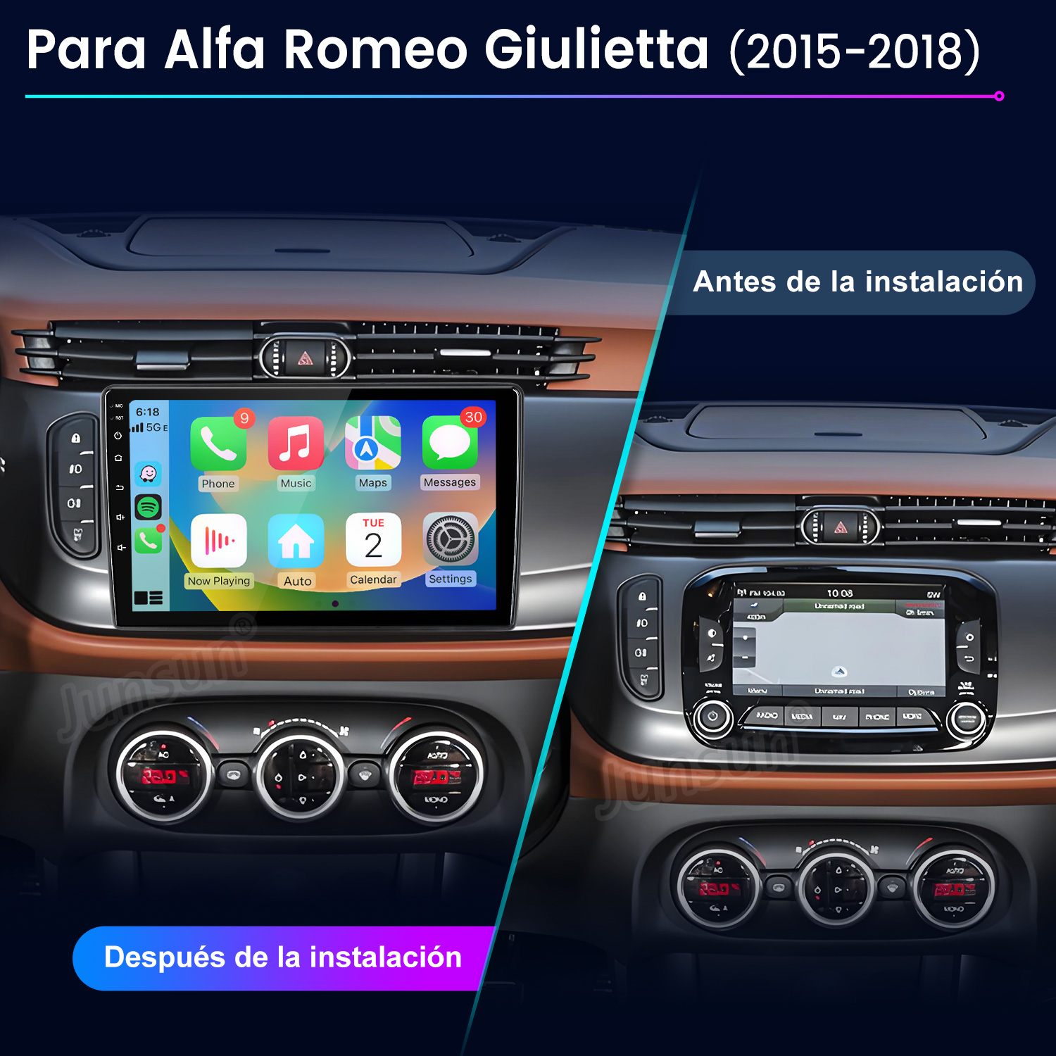Comparación del salpicadero del Alfa Romeo Giulietta antes y después de instalar una nueva pantalla.