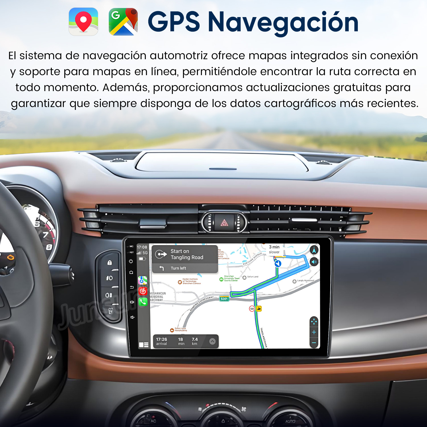 Un salpicadero de coche con una pantalla de navegación GPS digital que muestra un mapa de ruta.