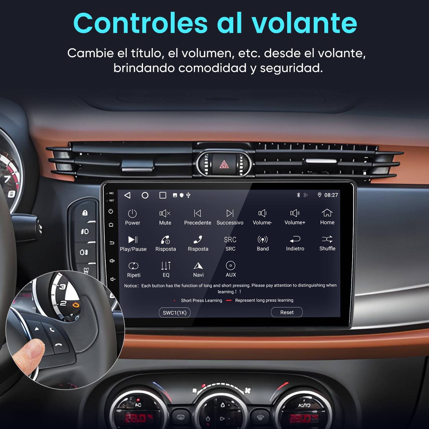 Una pantalla de infoentretenimiento de coche muestra opciones de menú en español, acompañada de un gráfico de pulgar.