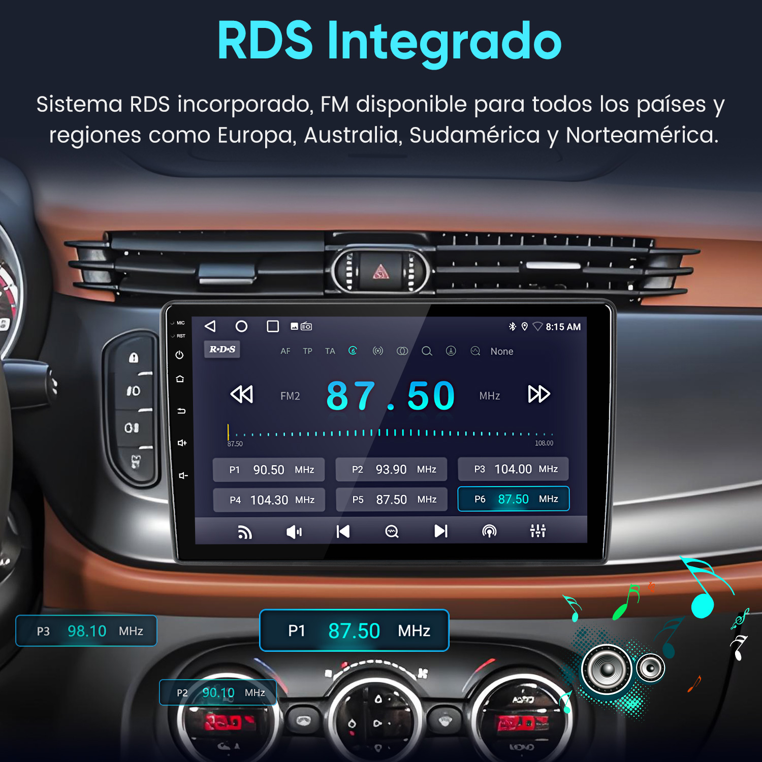 Autorradio con pantalla táctil muestra FM 87.50 MHz e integración RDS en salpicadero.