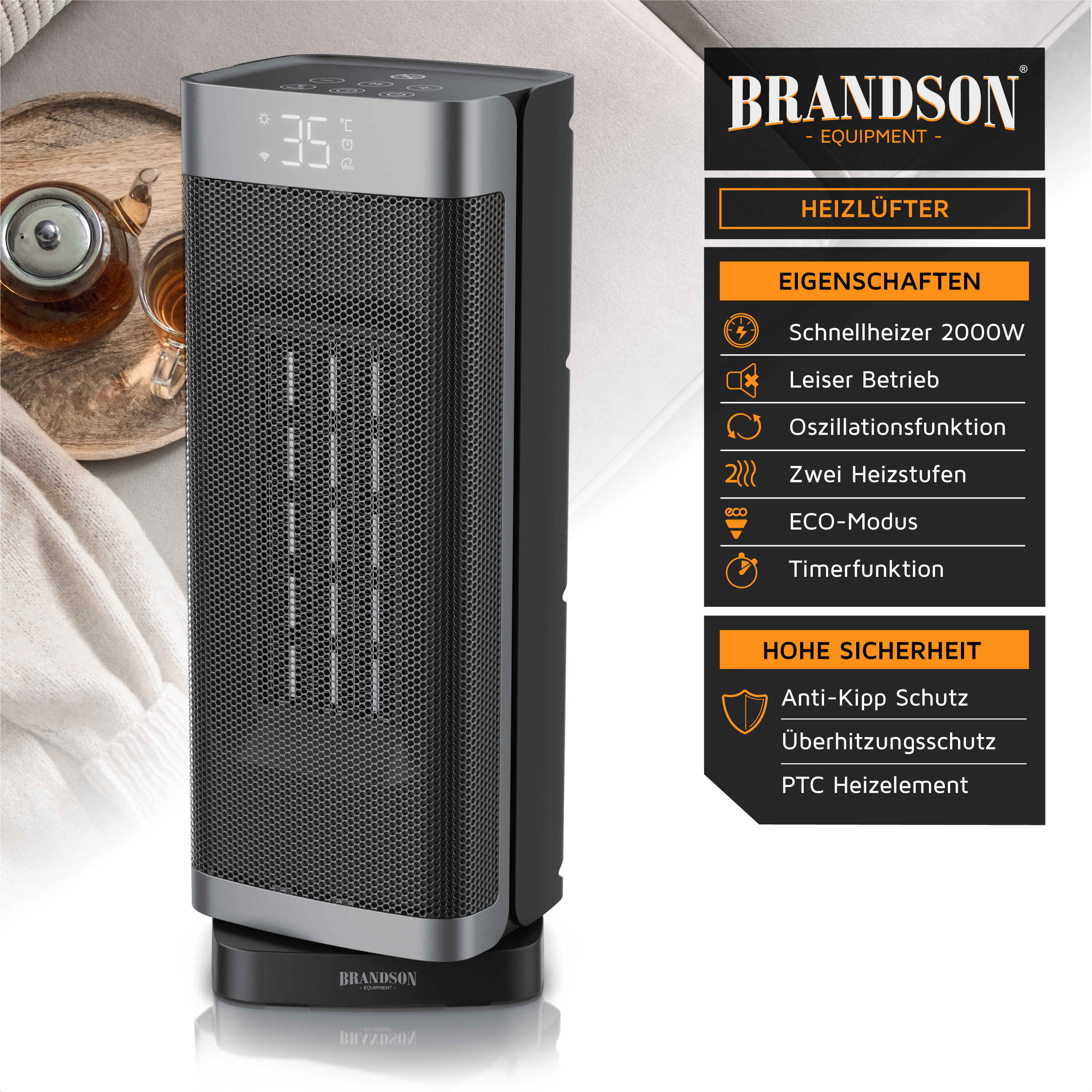 Brandson Heizlüfter mit grauer Front, digitalem Display und Produktspezifikationen daneben.