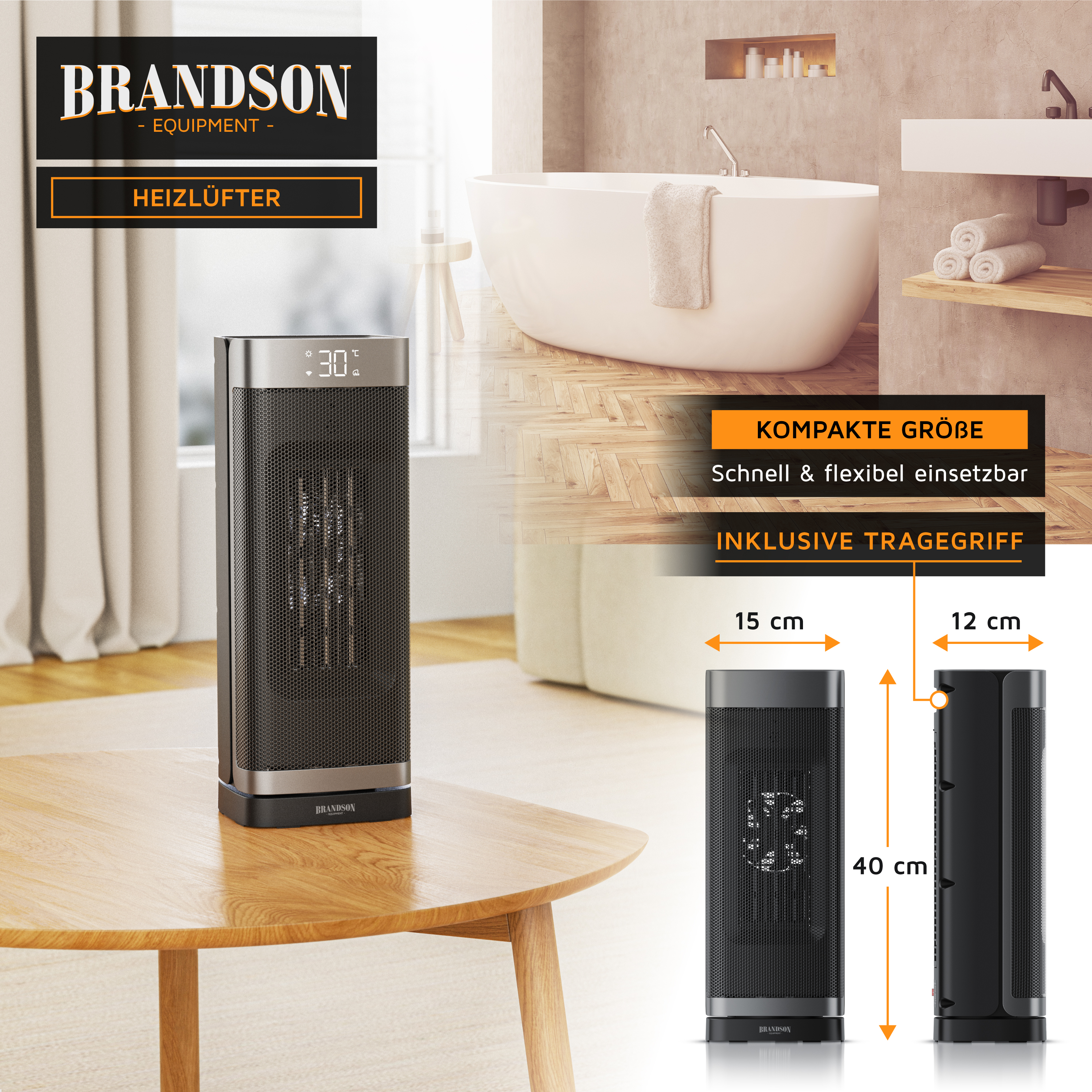 Schwarzer Brandson Heizlüfter auf einem Tisch, mit Maßen von 15x12x40 cm und einem modernen Display.