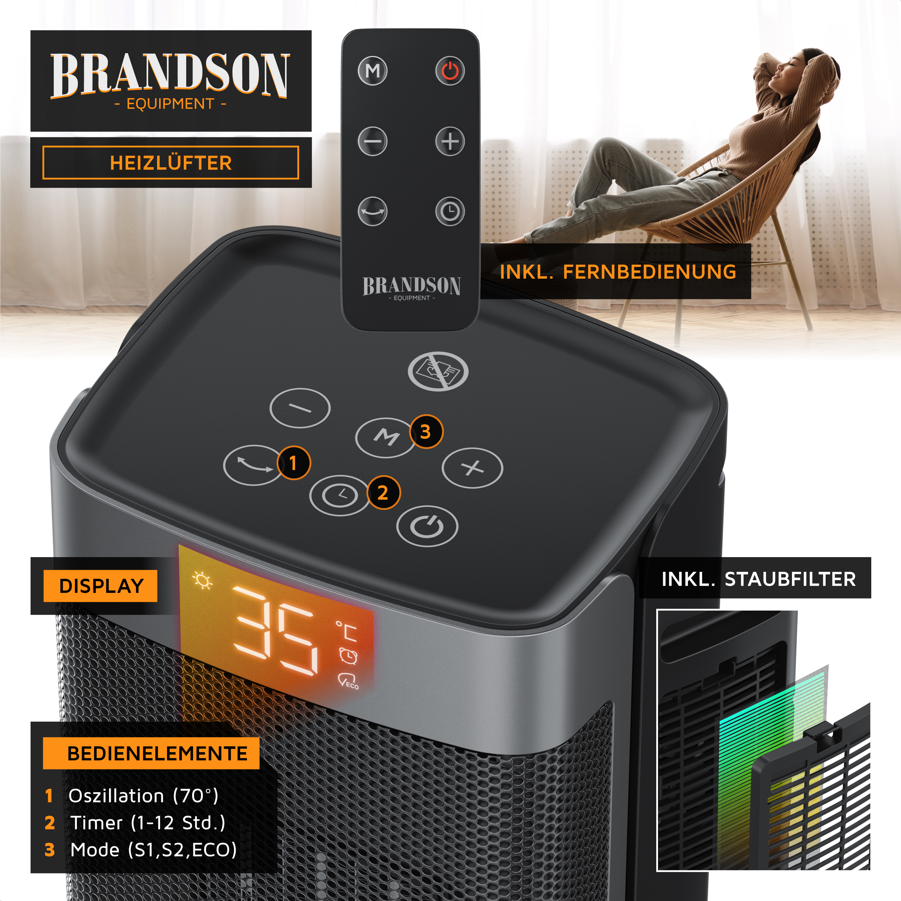 Brandson Heizlüfter mit digitaler Anzeige, Fernbedienung und Bedienelementen oben.