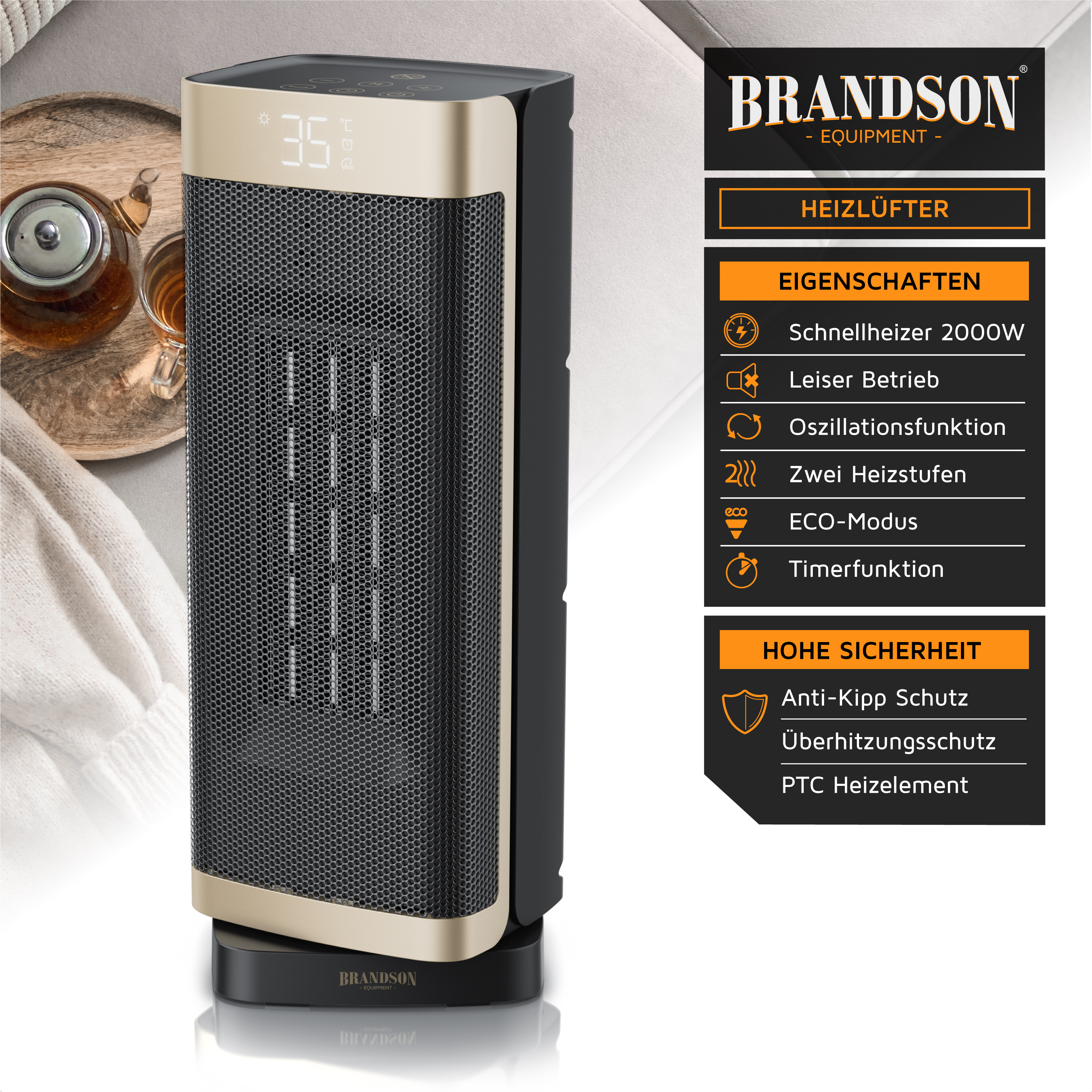 Brandson Keramik-Heizlüfter mit Display, Touch-Bedienung und Sicherheitsfunktionen auf modernem Hintergrund.