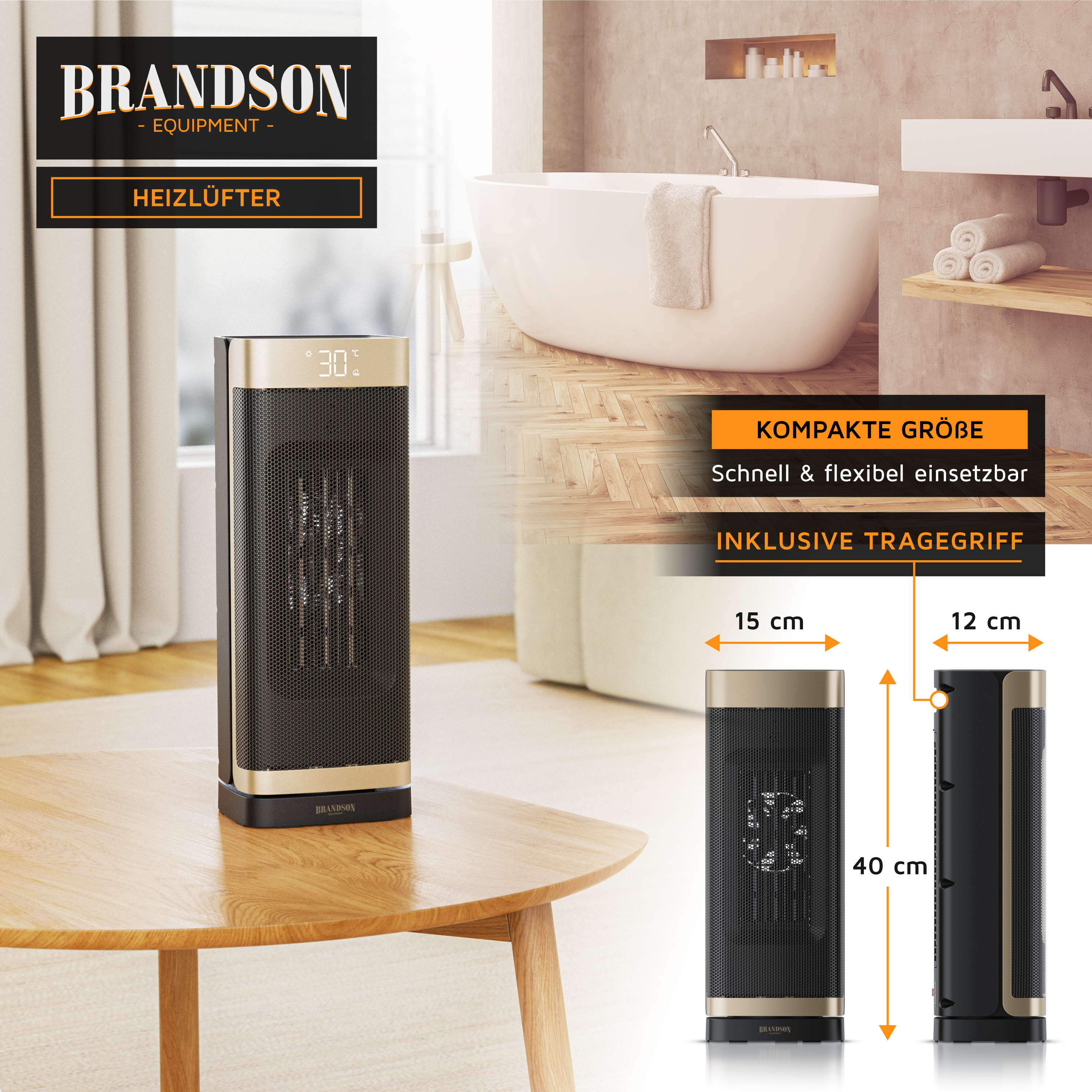 Brandson Heizlüfter auf einem Holztisch mit Bad-Hintergrund und Maßen.