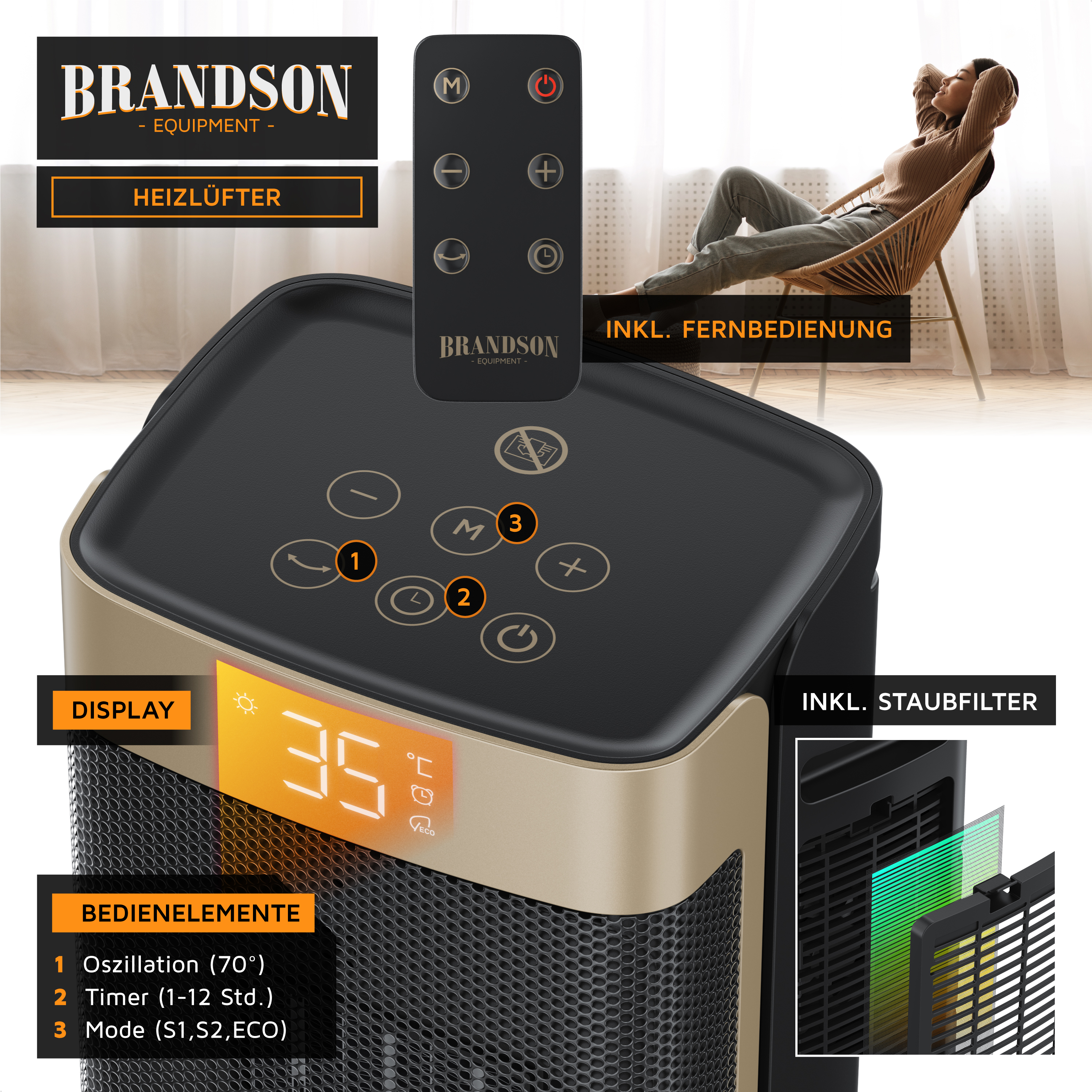 Brandson Heizlüfter mit Display, Fernbedienung, Staubfilter und Bedienelementen für Oszillation, Timer und Modus.