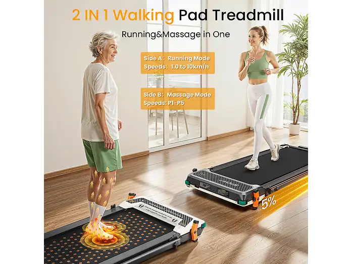 Dos mujeres usan una caminadora 2 en 1 con modos de correr y masaje en una habitación luminosa.