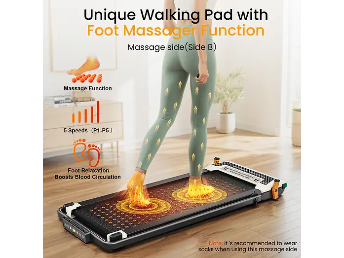 Cinta de caminar con función de masaje de pies incorporada y gráficos explicativos.