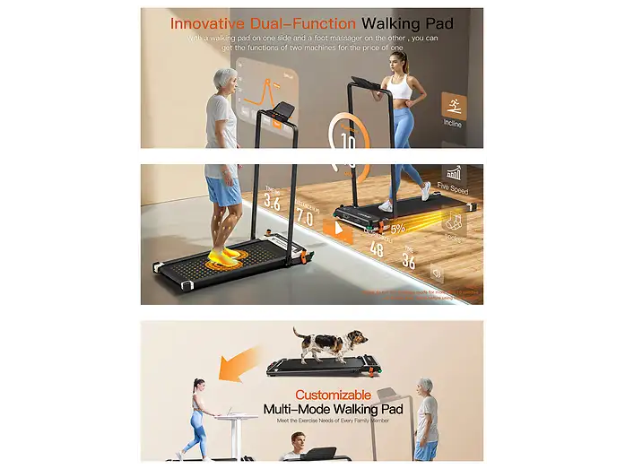 Una innovadora caminadora de doble función con masajeador de pies es utilizada por varias personas y un perro.